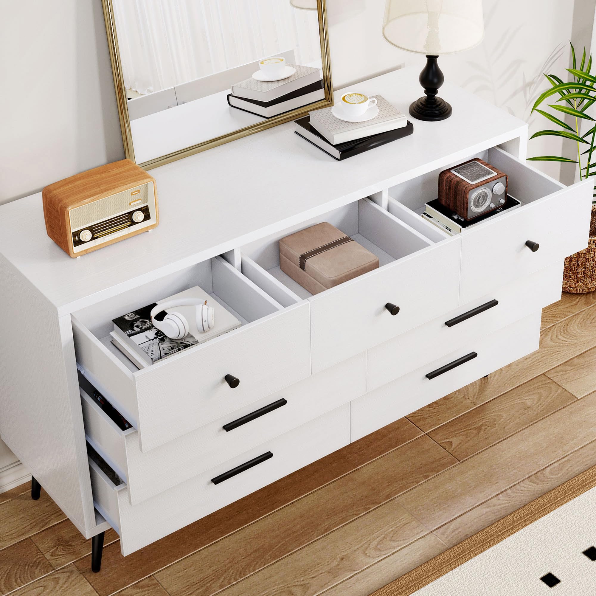 White 7 Drawer Dresser 47 Inch Wide Double Chest of Drawers