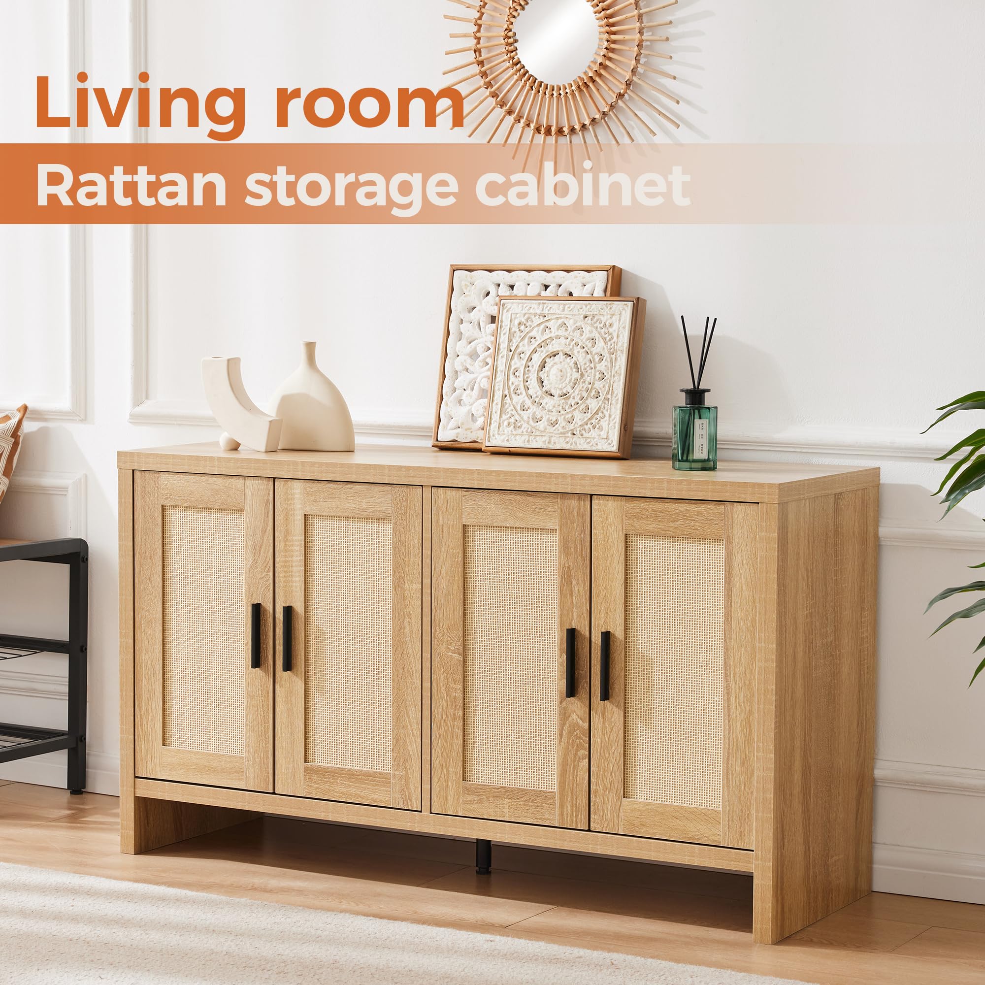Rattan Buffet Cabinet with Storage and Adjustable Shelves