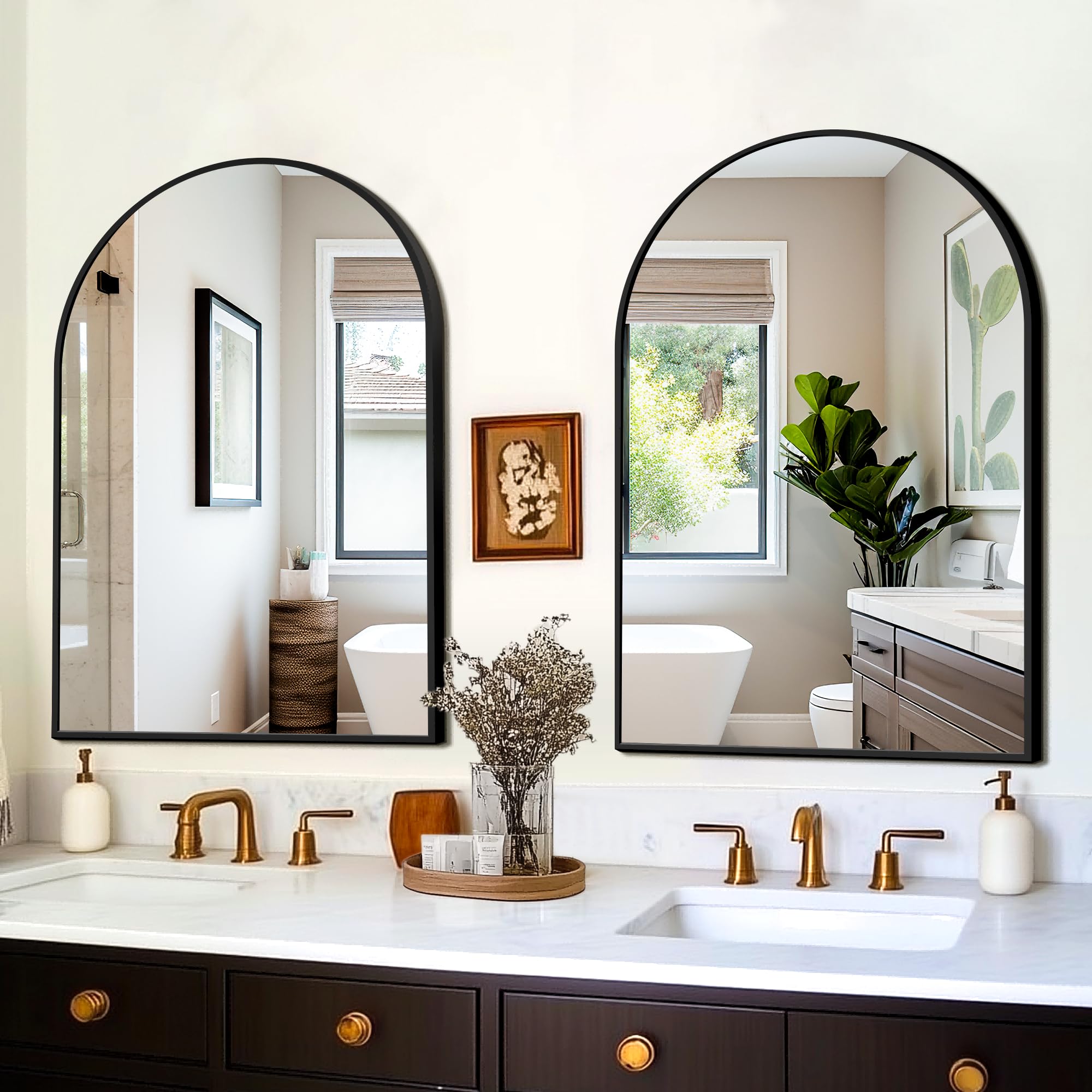Arched Wall Mirror 24x36 Inch Black Metal Frame