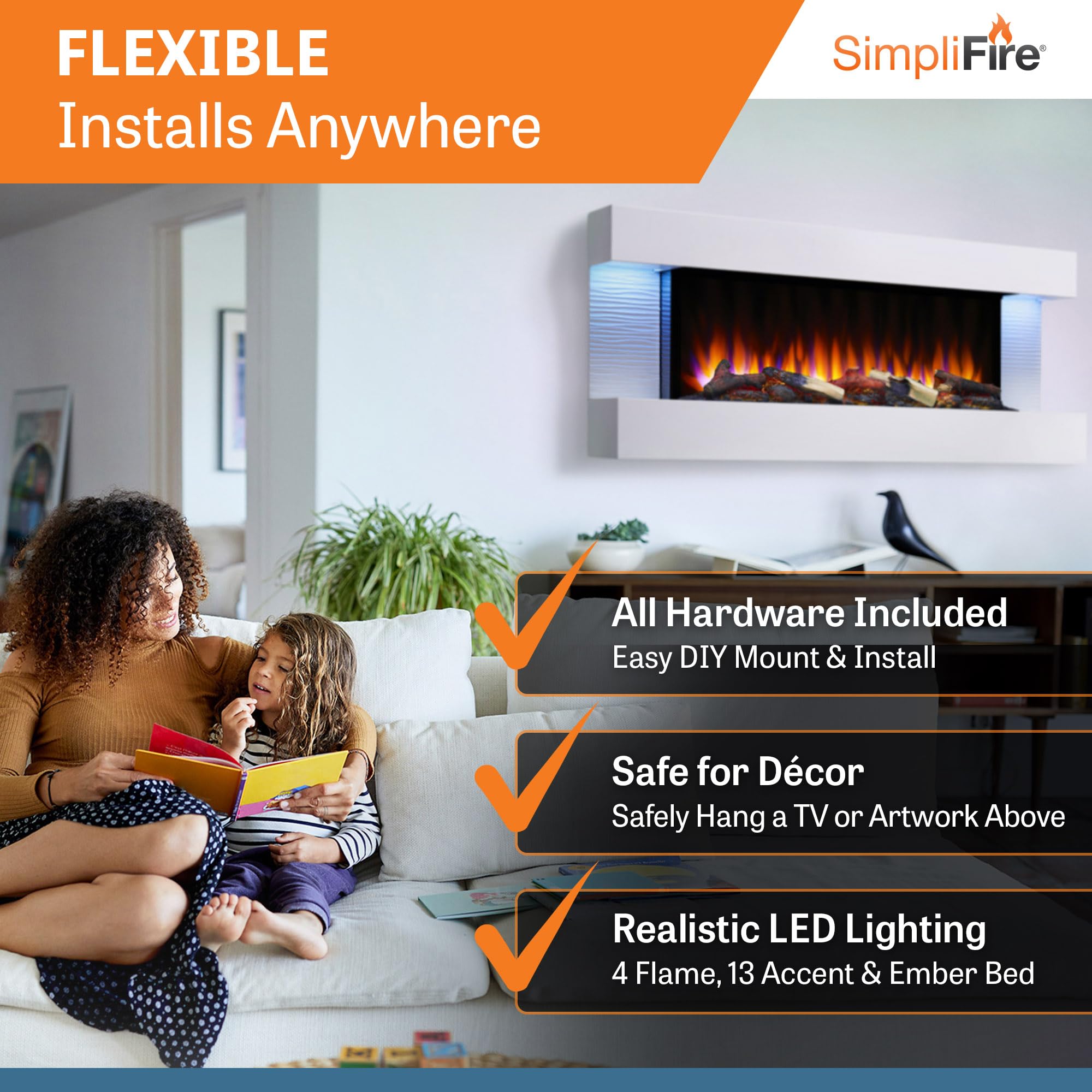 36-Inch Wall Mount Electric Fireplace with 50-Inch Floating Mantel