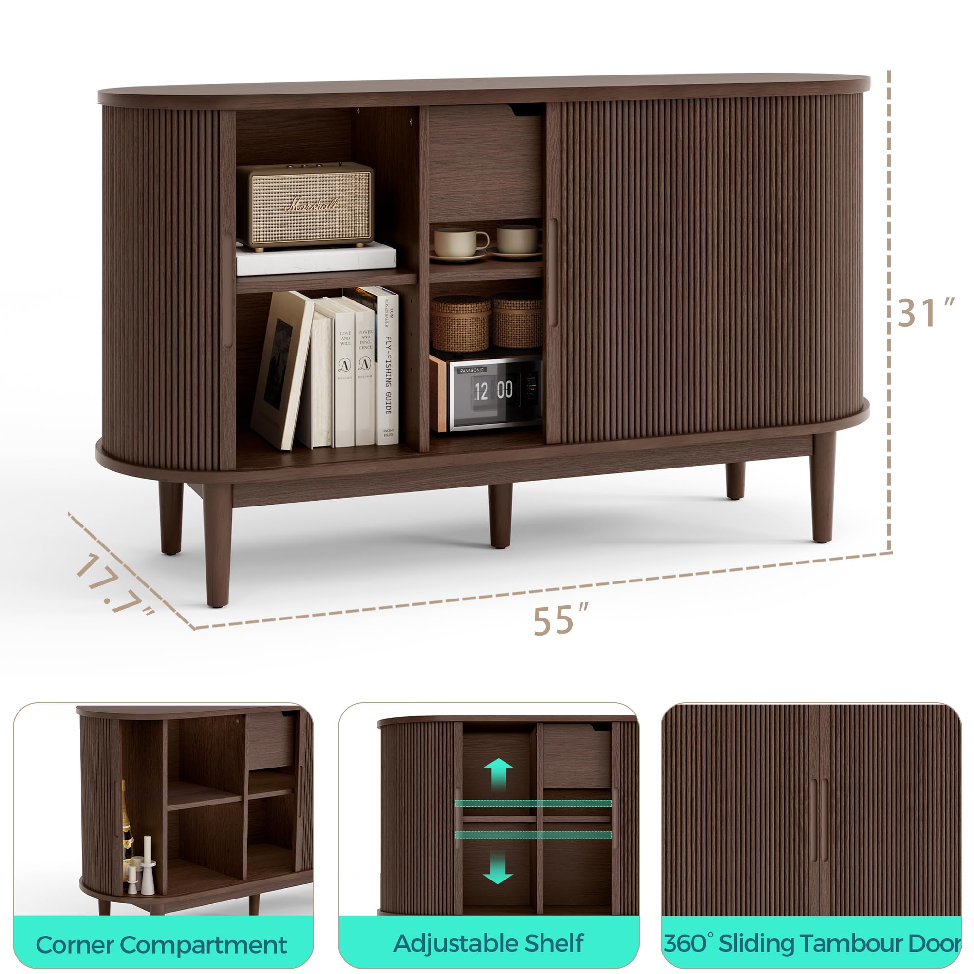 Mid-Century Sideboard Buffet Cabinet with Tambour Doors