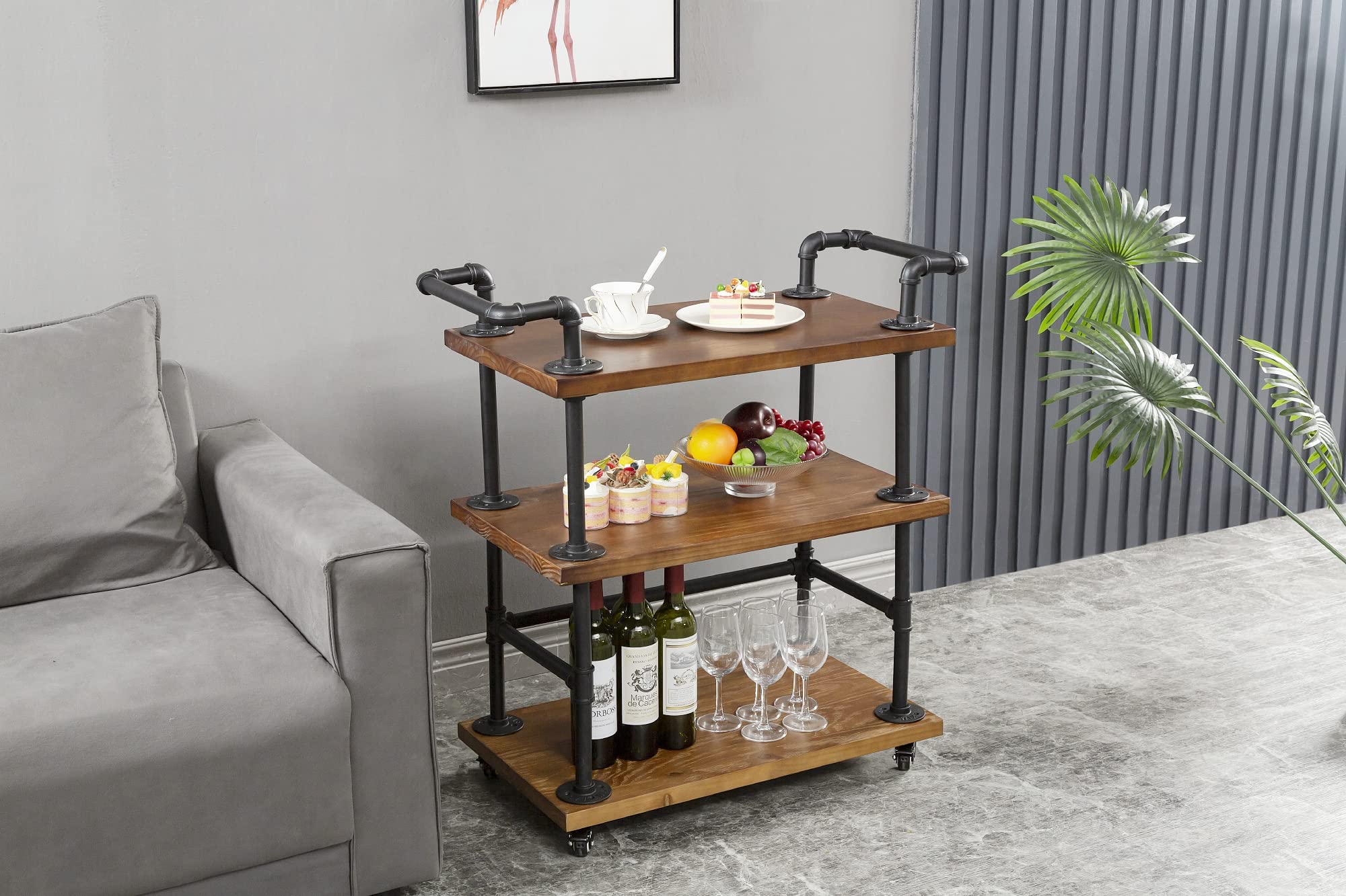 Industrial Pipe Bar Cart with Wheels