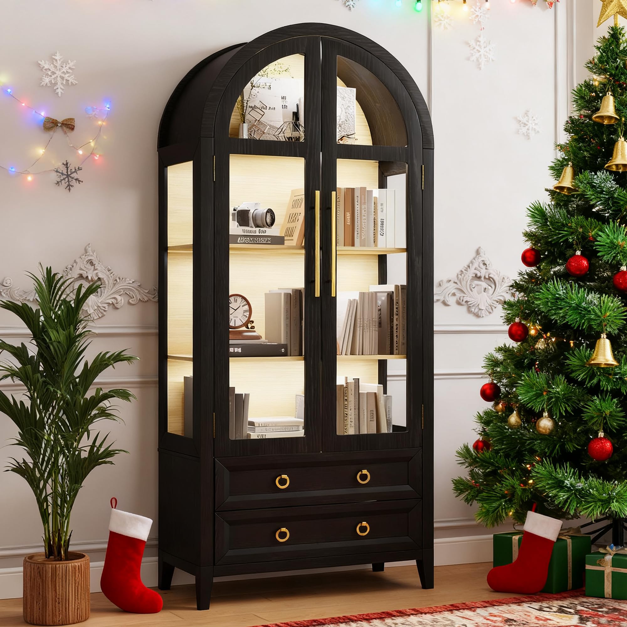 70.8" Arched Display Cabinet with LED Lights and Glass Doors