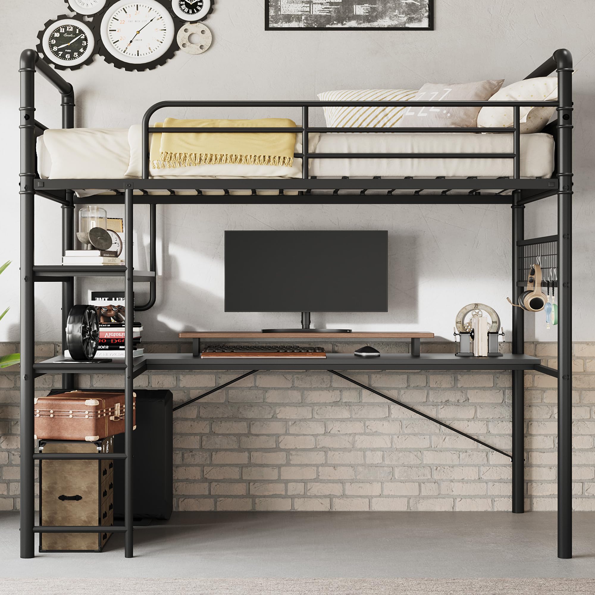 Twin Loft Bed with L-Shaped Desk and Ladder