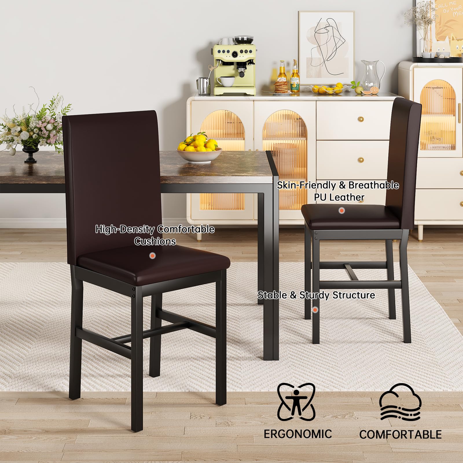 4-Piece Faux Marble Dining Table Set with PU Leather Chairs
