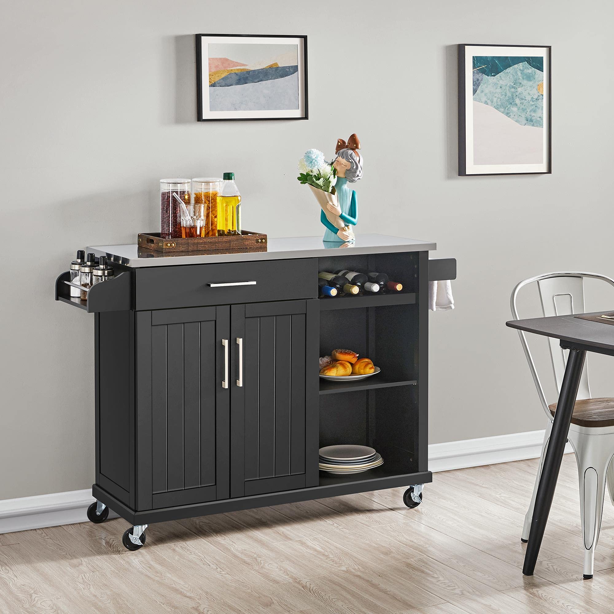 Kitchen Cart with Stainless Steel Top on Wheels