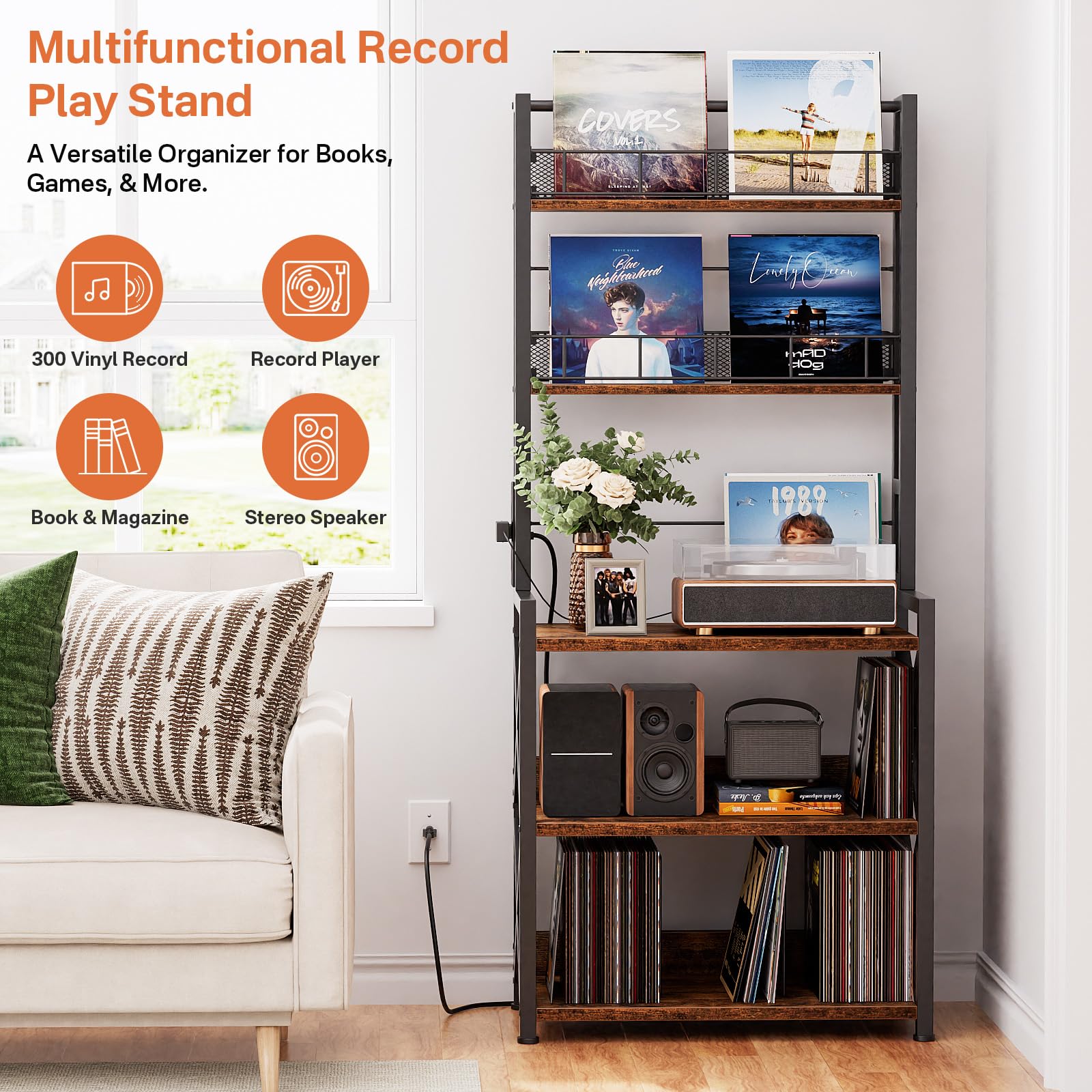 5-Tier Vinyl Record Storage Rack with Turntable Stand