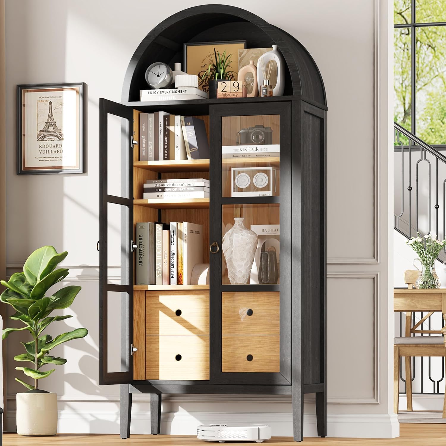 Tall Arched Storage Cabinet with Glass Doors