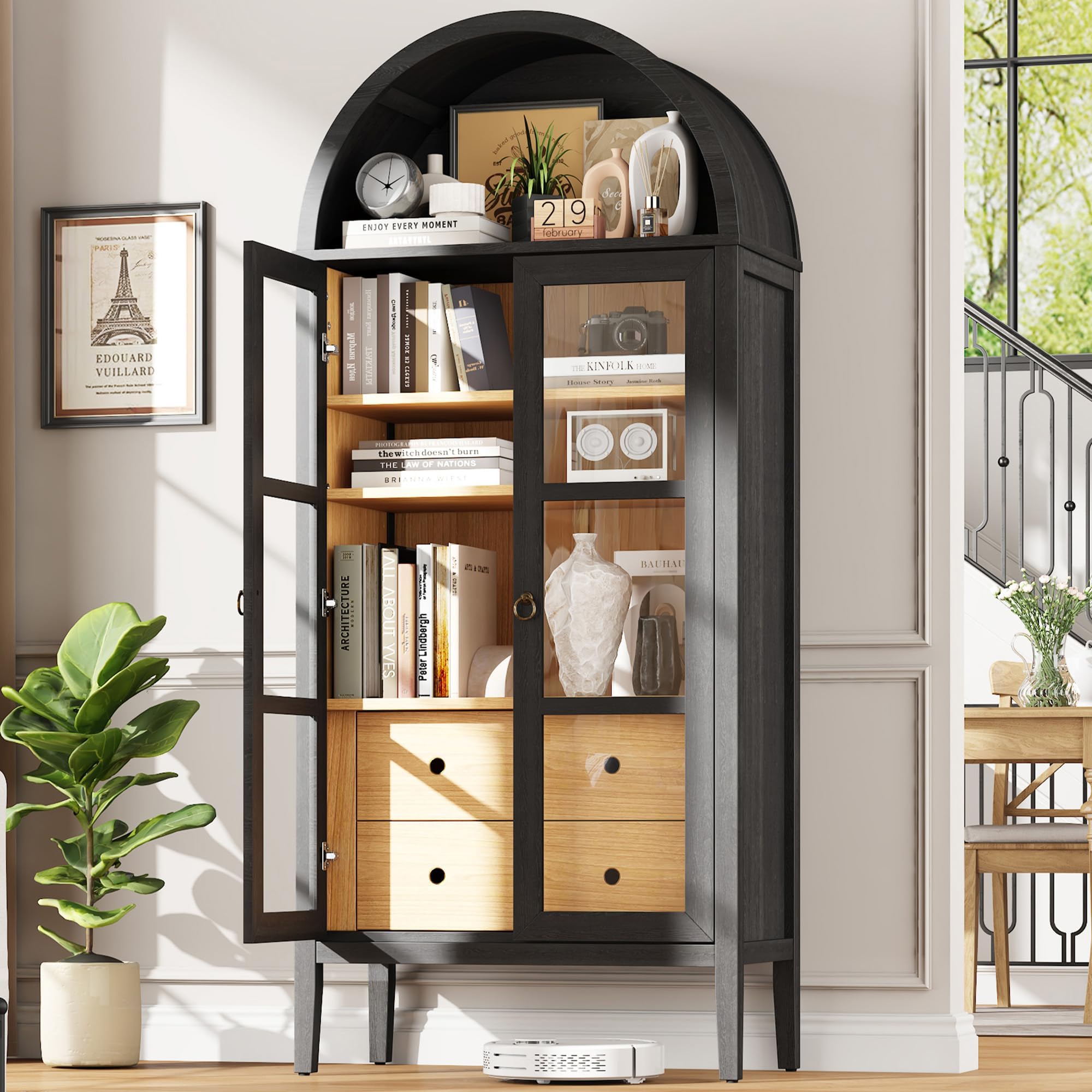 Tall Arched Storage Cabinet with Glass Doors