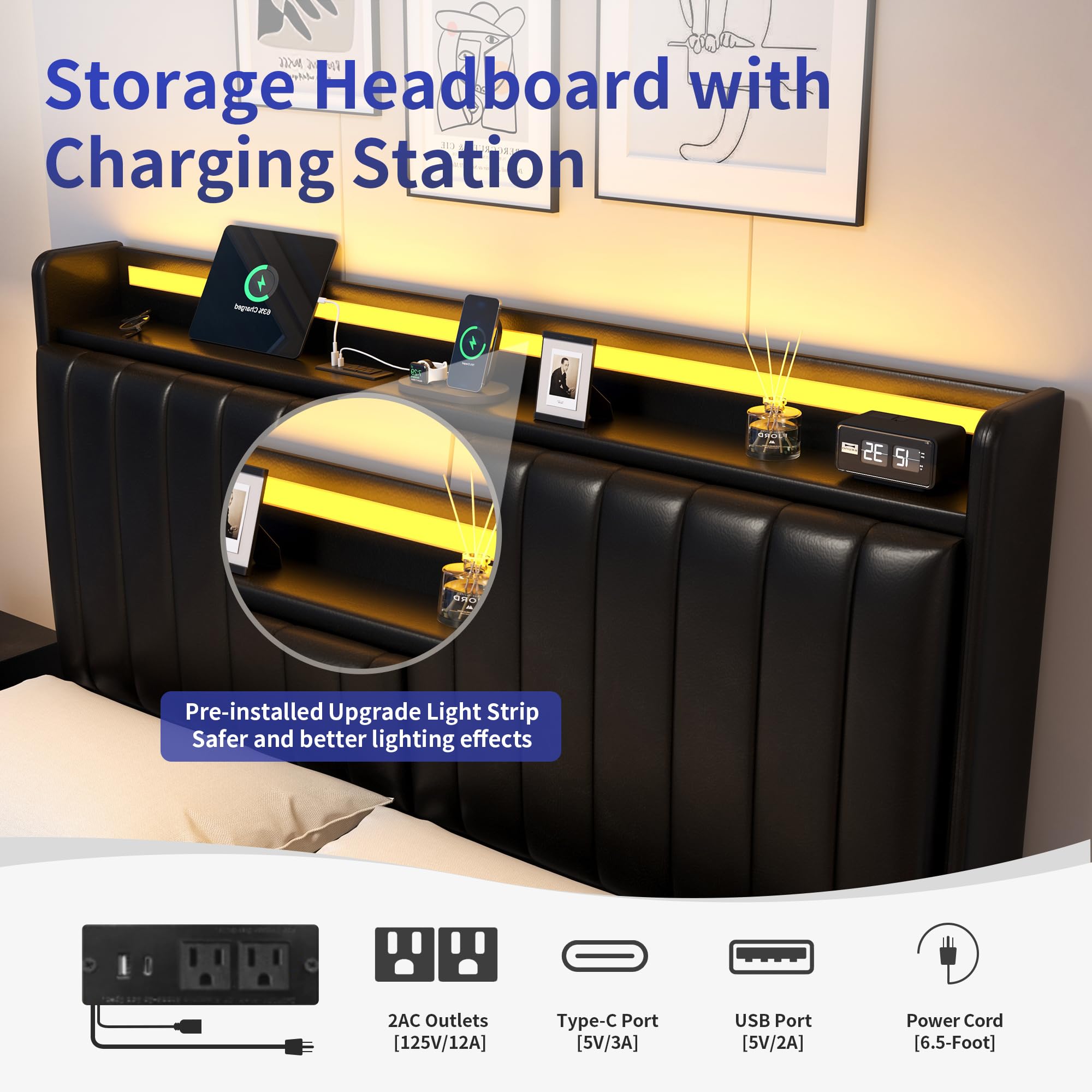 Queen Size Floating Bed Frame with LED Lights and Storage Headboard