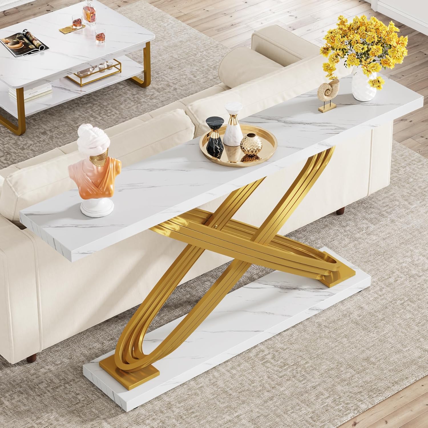 55 Inch Modern Console Table with Gold Metal Frame