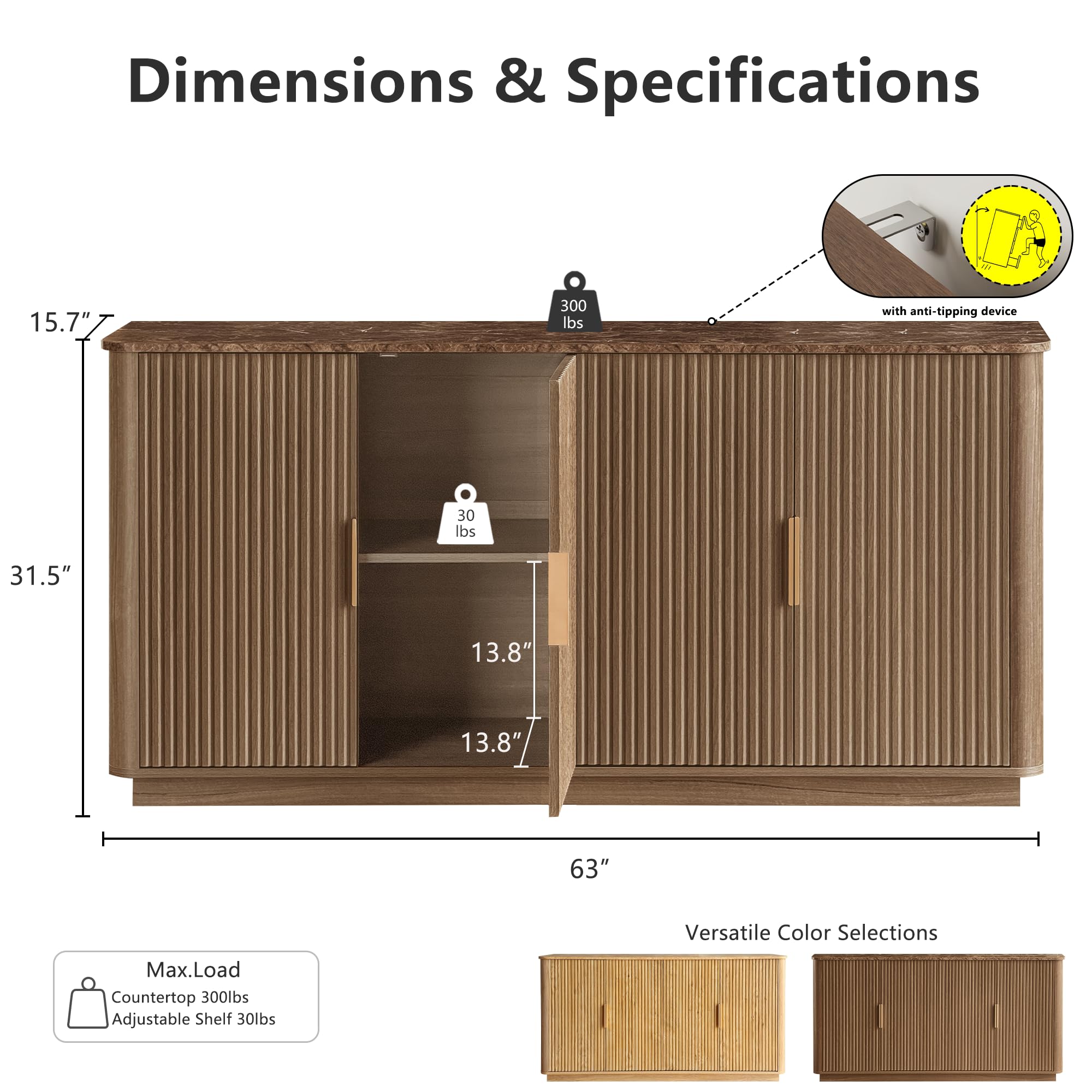 63" Fluted Sideboard Buffet Cabinet with Faux Marble Top