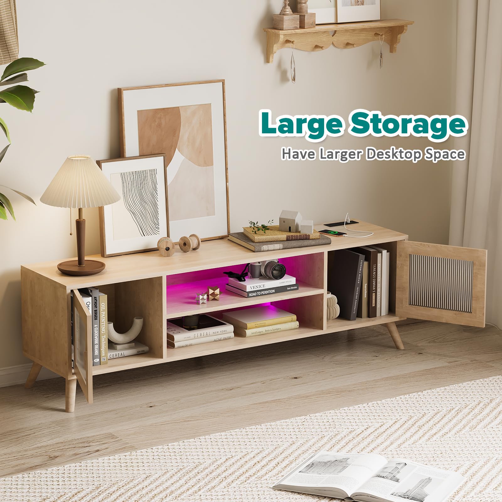 LED TV Stand with Charging Station and Glass Doors