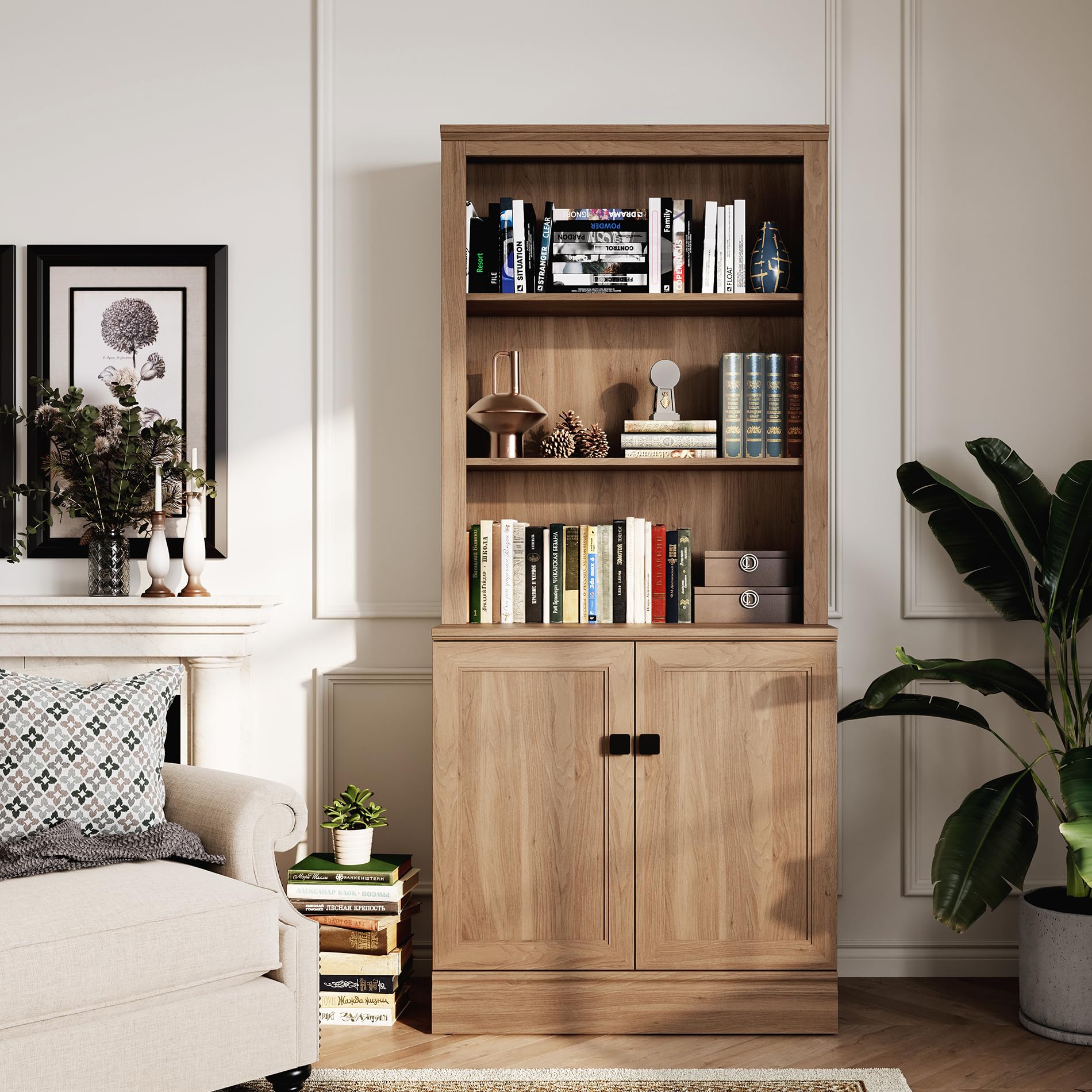 Oak Bookcase with Storage Cabinet