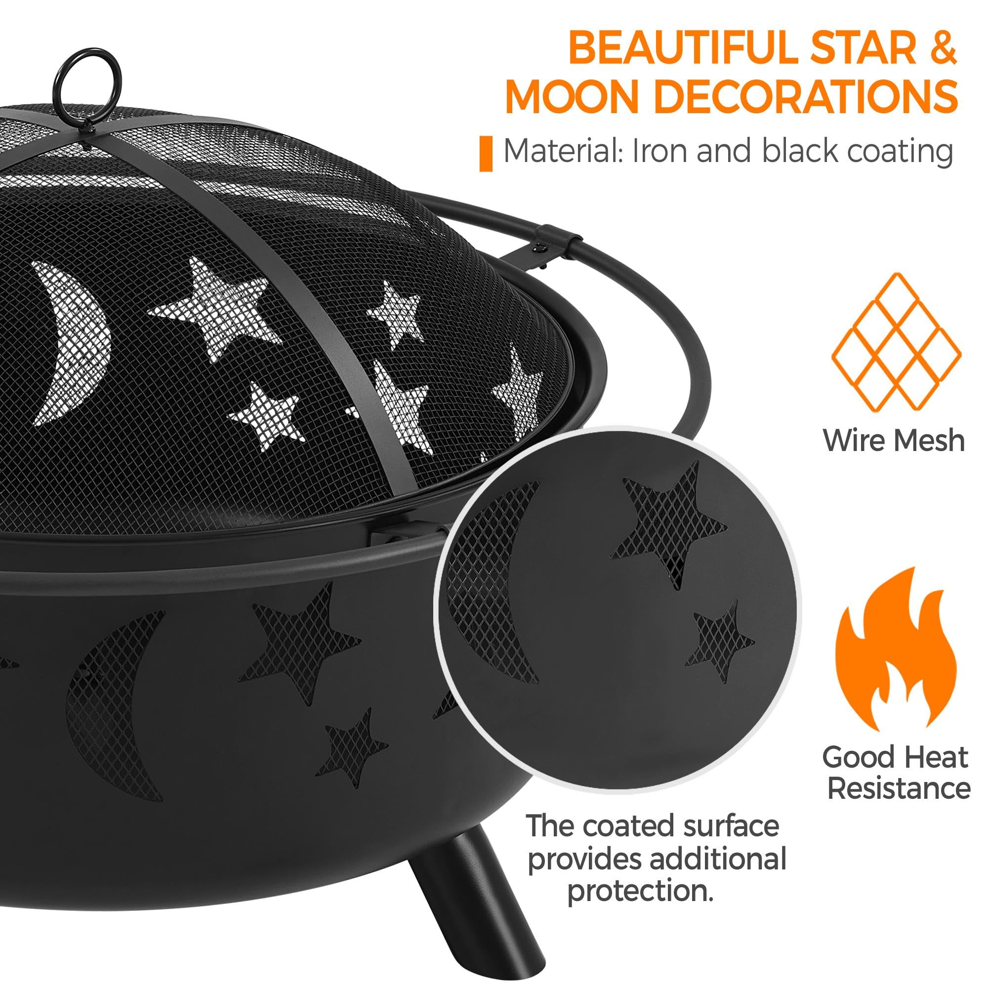 30" Round Wood Burning Fire Pit with Star Moon Design