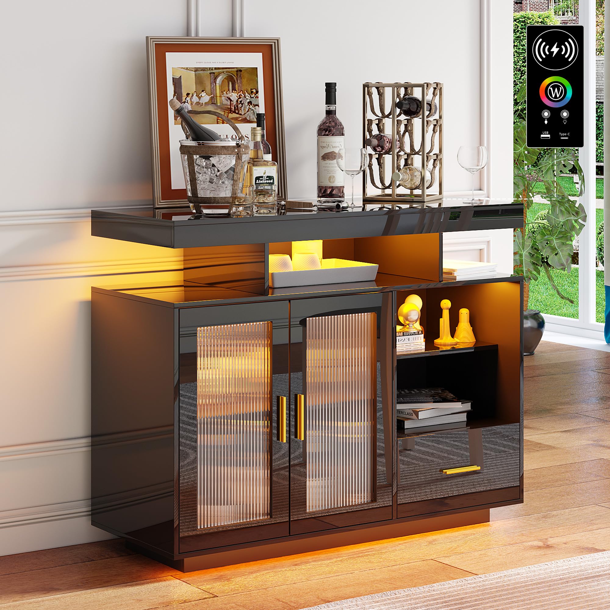 LED Sideboard Buffet Cabinet with Charging Station