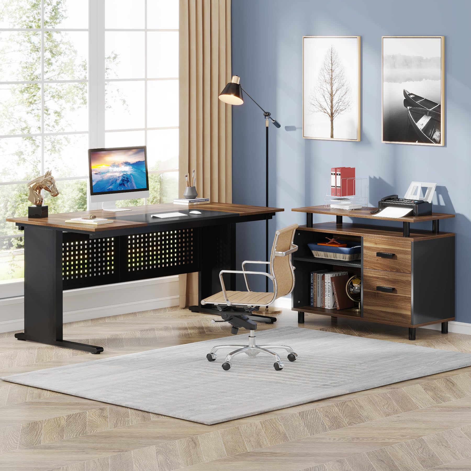 L-Shaped Executive Desk with File Cabinet