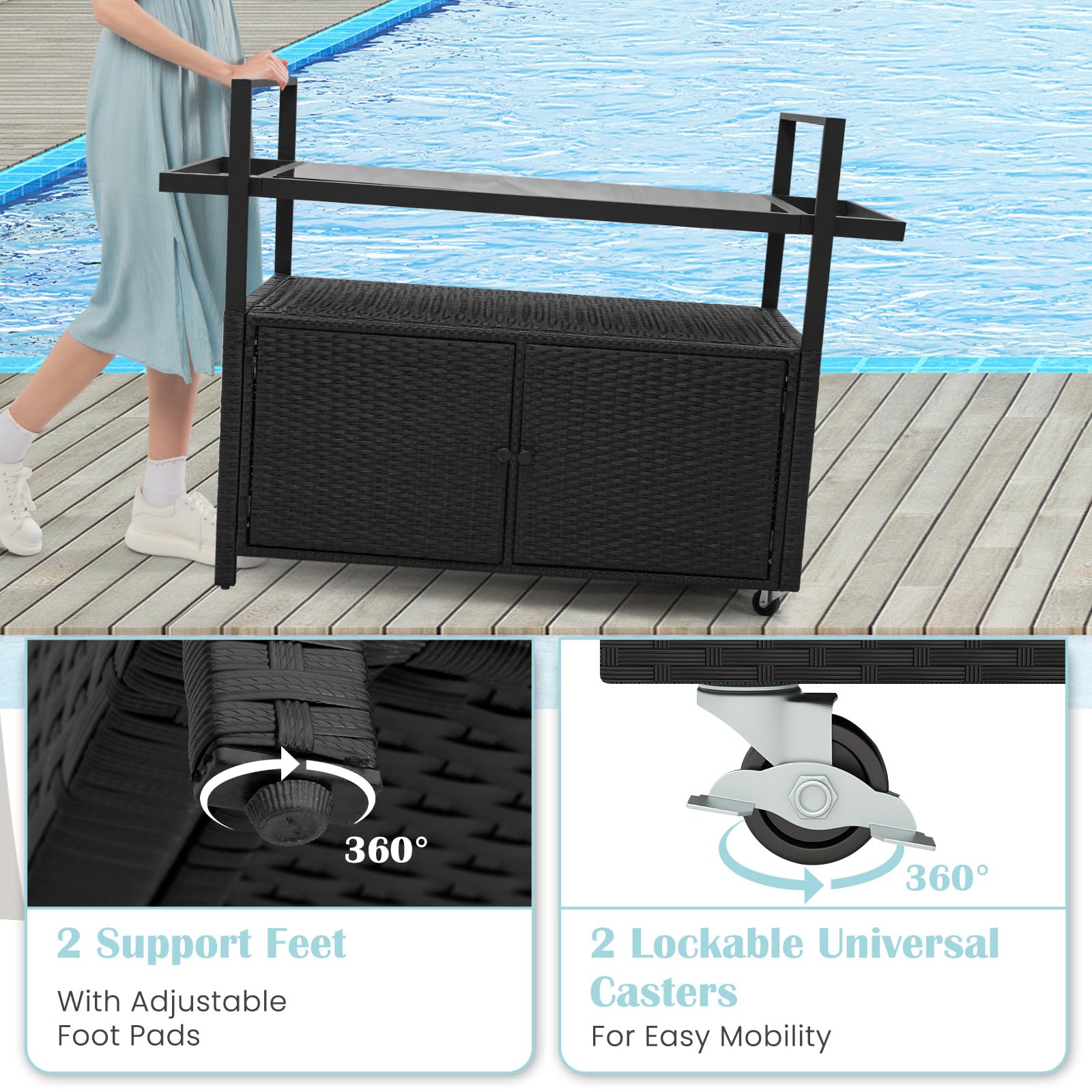 Outdoor Rolling Bar Cart with Tempered Glass Top