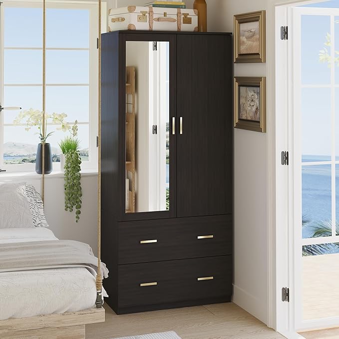 2-Door Wardrobe Armoire with Mirror and Drawers