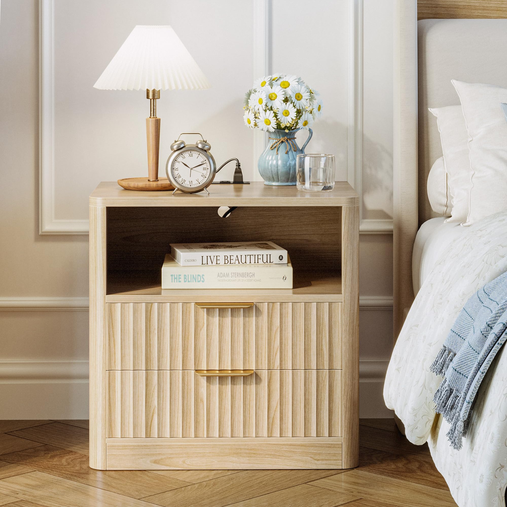 Fluted Nightstand Set with Charging Station