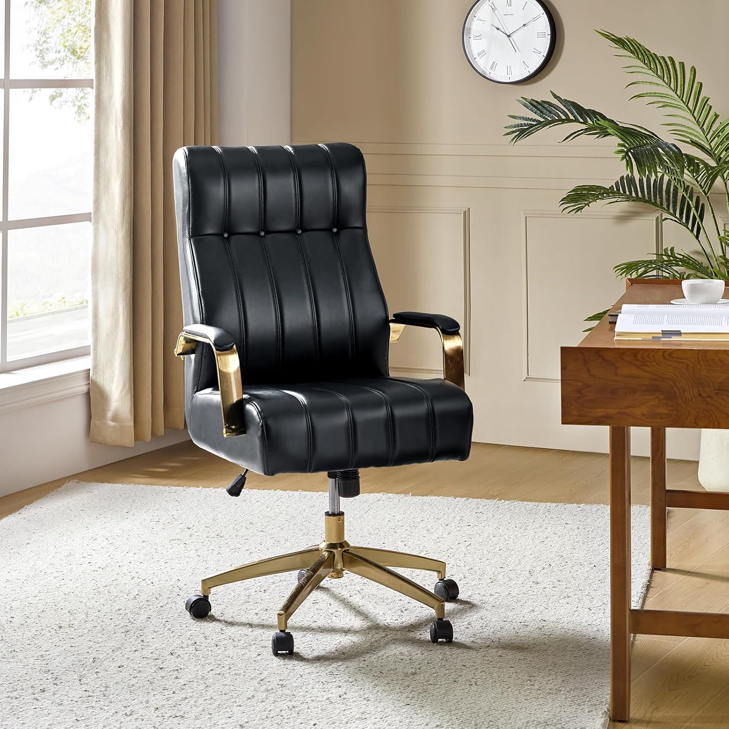 Executive Office Chair with Tufted Faux Leather and Gold Base