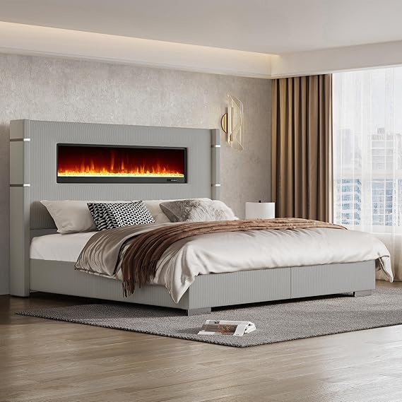 Queen Upholstered Platform Bed Frame with Fireplace and Tall Wingback Headboard