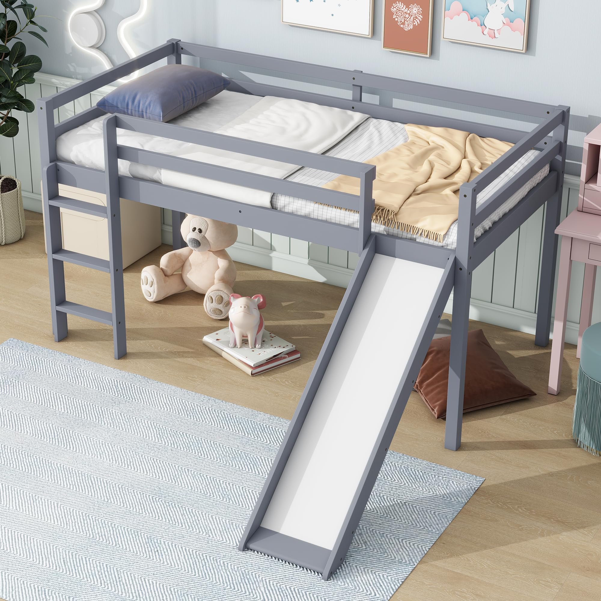 Twin Size Low Loft Bed with Slide and Ladder