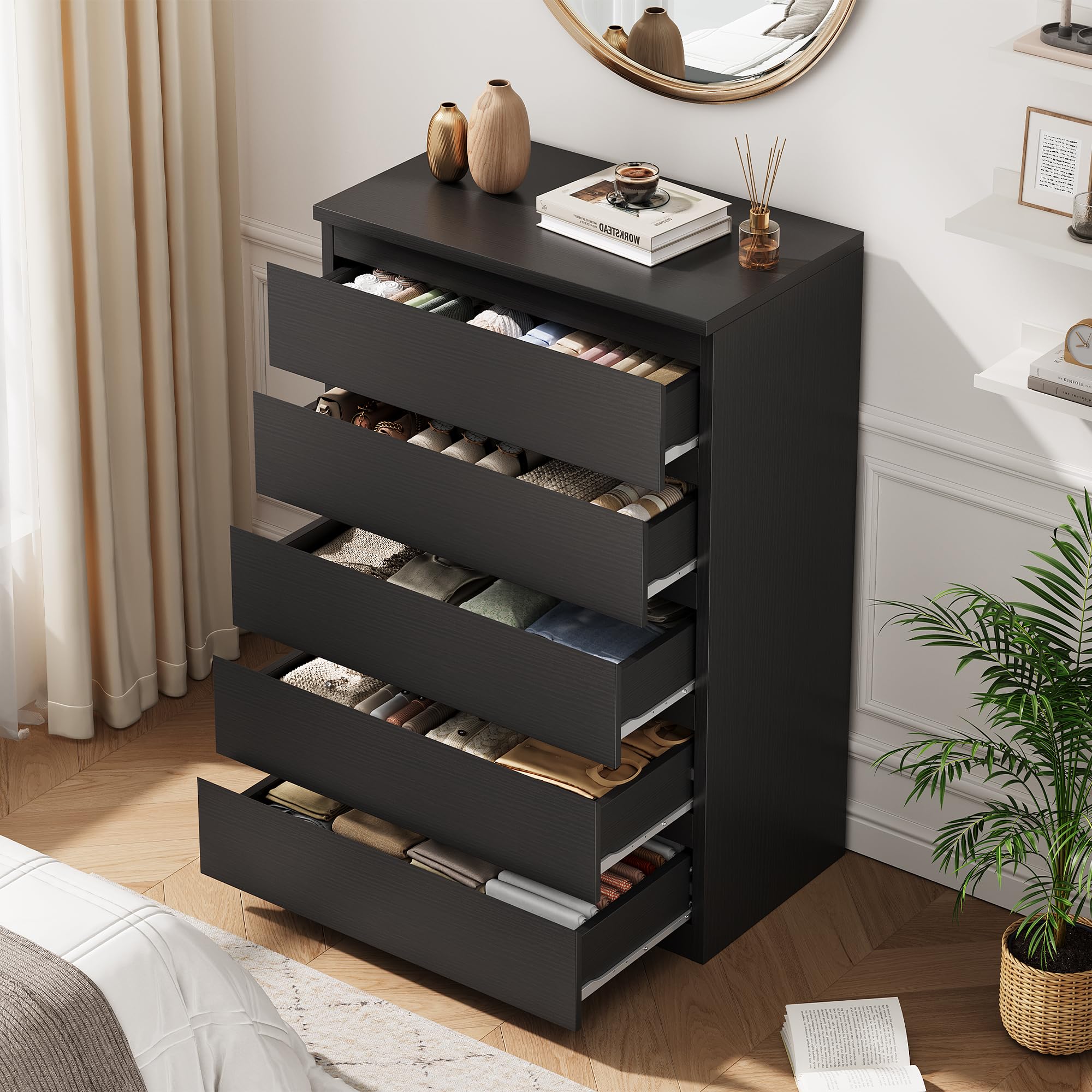 Black 5 Drawer Dresser with Handleless Drawers
