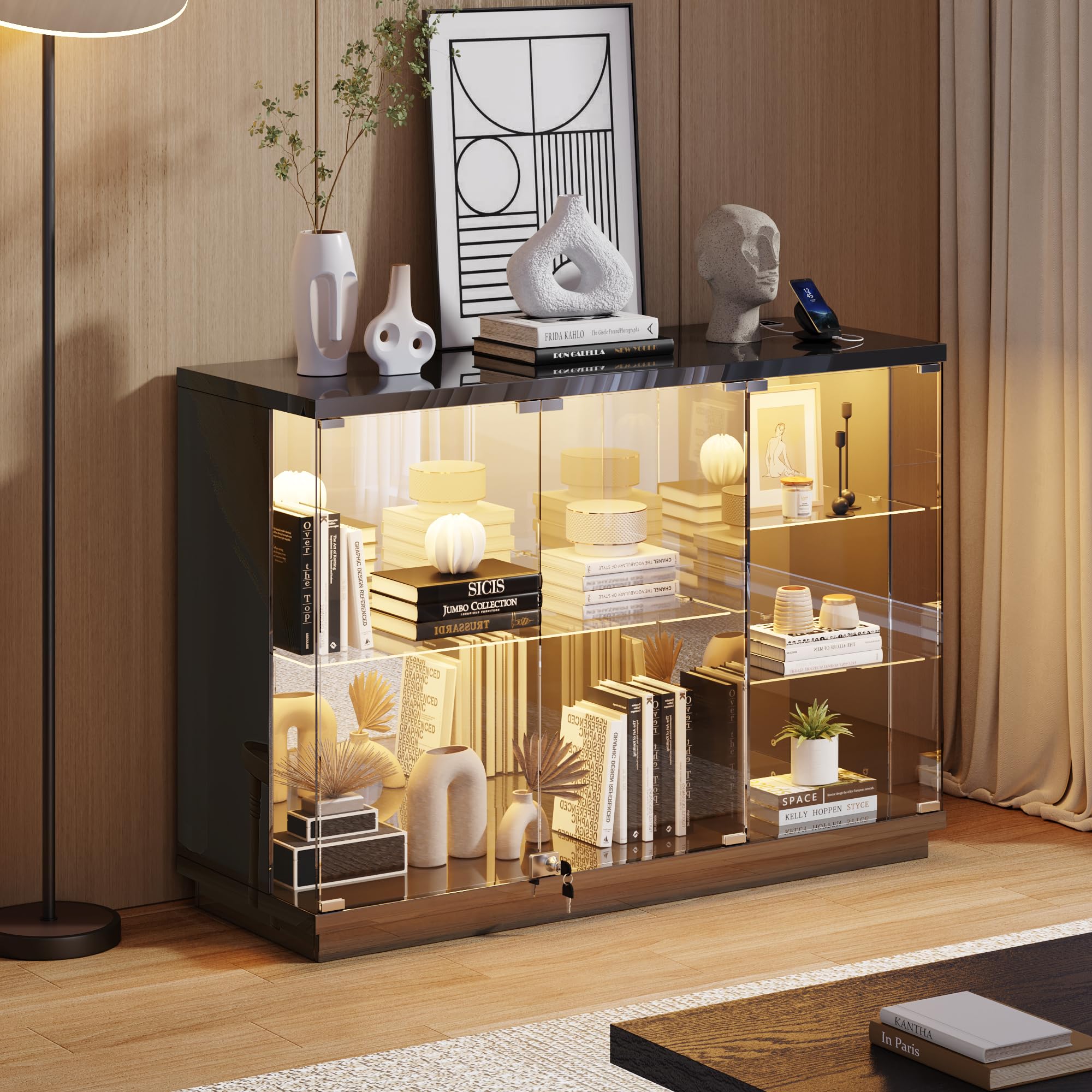 Glass Display Cabinet with LED Light and Human Body Sensor