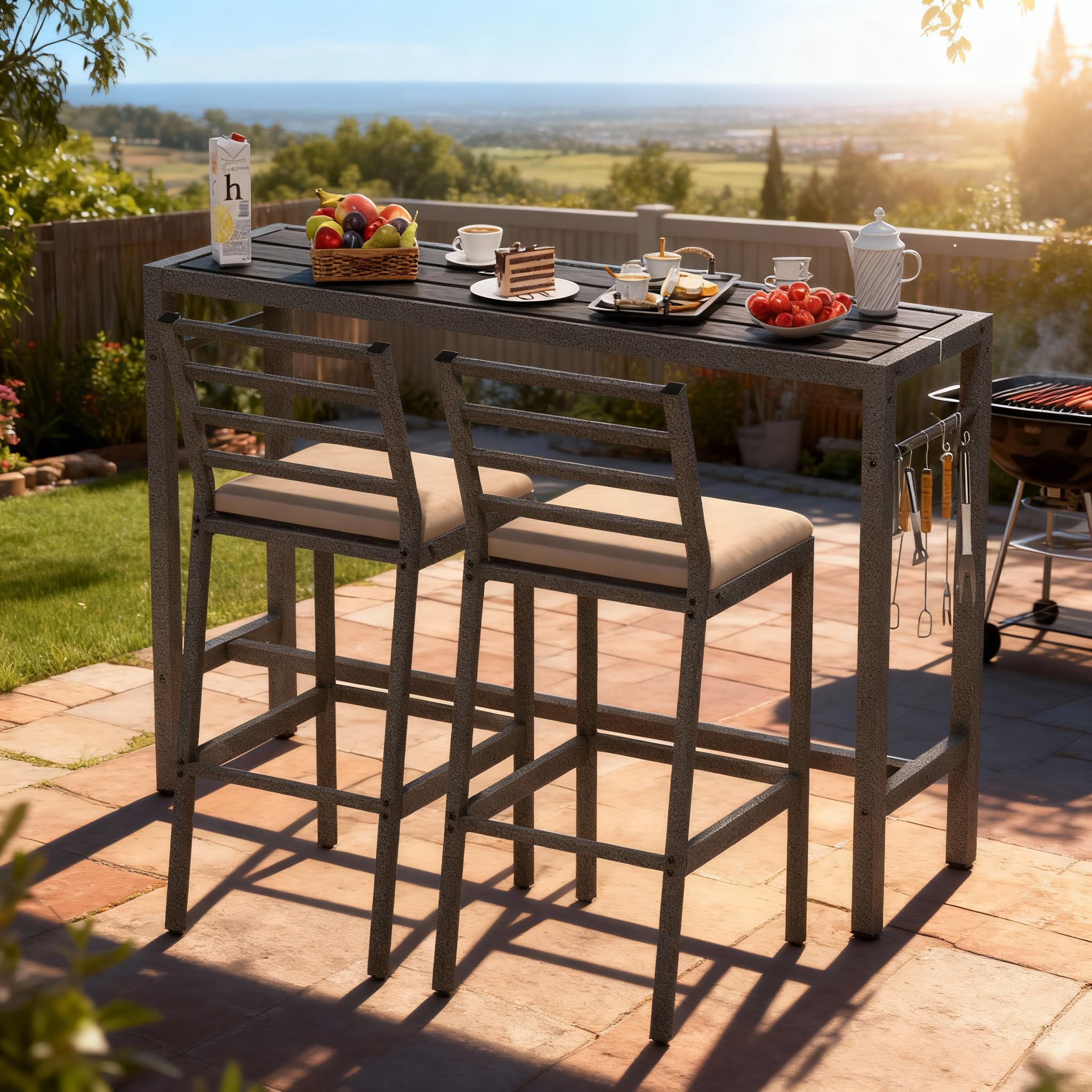 3-Piece Outdoor Bar Set with Cushioned Stools