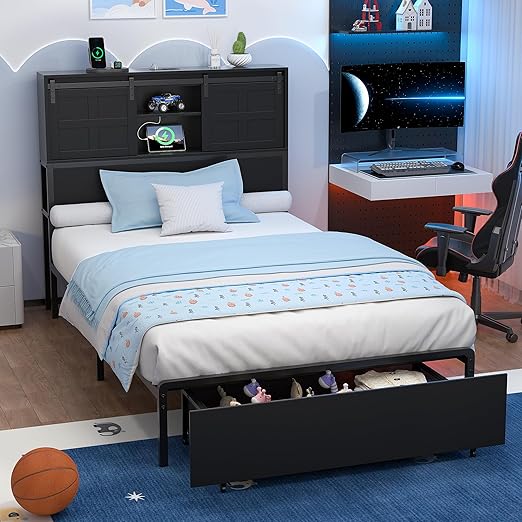 Twin Bed Frame with Storage and Charging Station