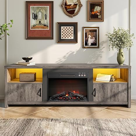 70" Electric Fireplace TV Stand with LED Lights and Storage