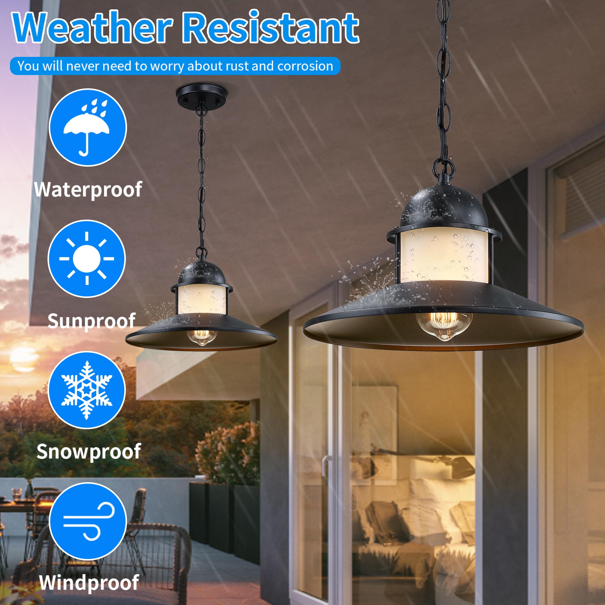Outdoor Pendant Light 2 Pack Matte Black with Frosted Glass