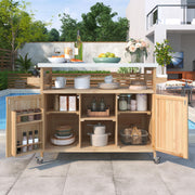 Outdoor Kitchen Island on Wheels with Stainless Steel Top & Storage Cabinet – Natural Fir Wood