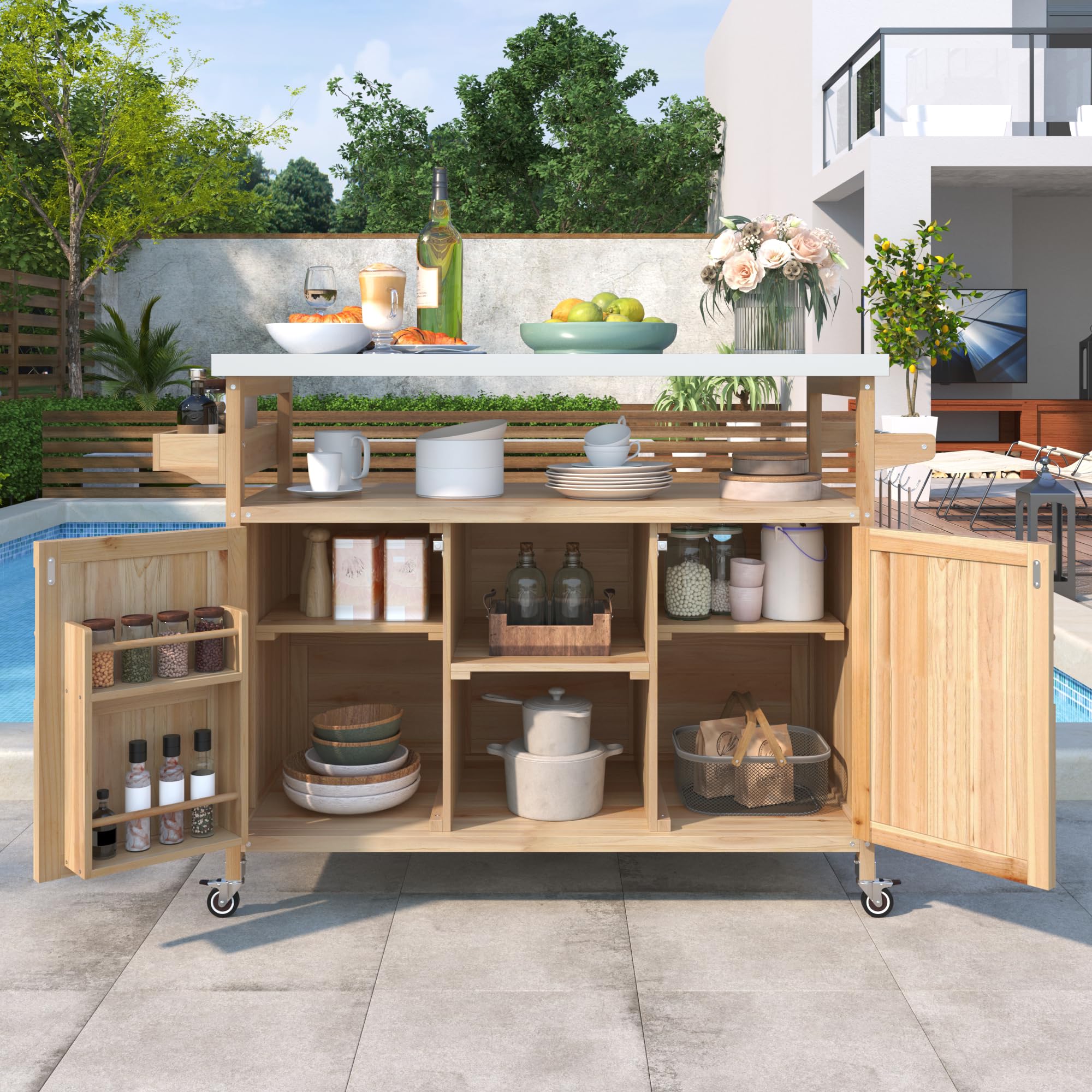 Outdoor Kitchen Island on Wheels with Stainless Steel Top & Storage Cabinet – Natural Fir Wood