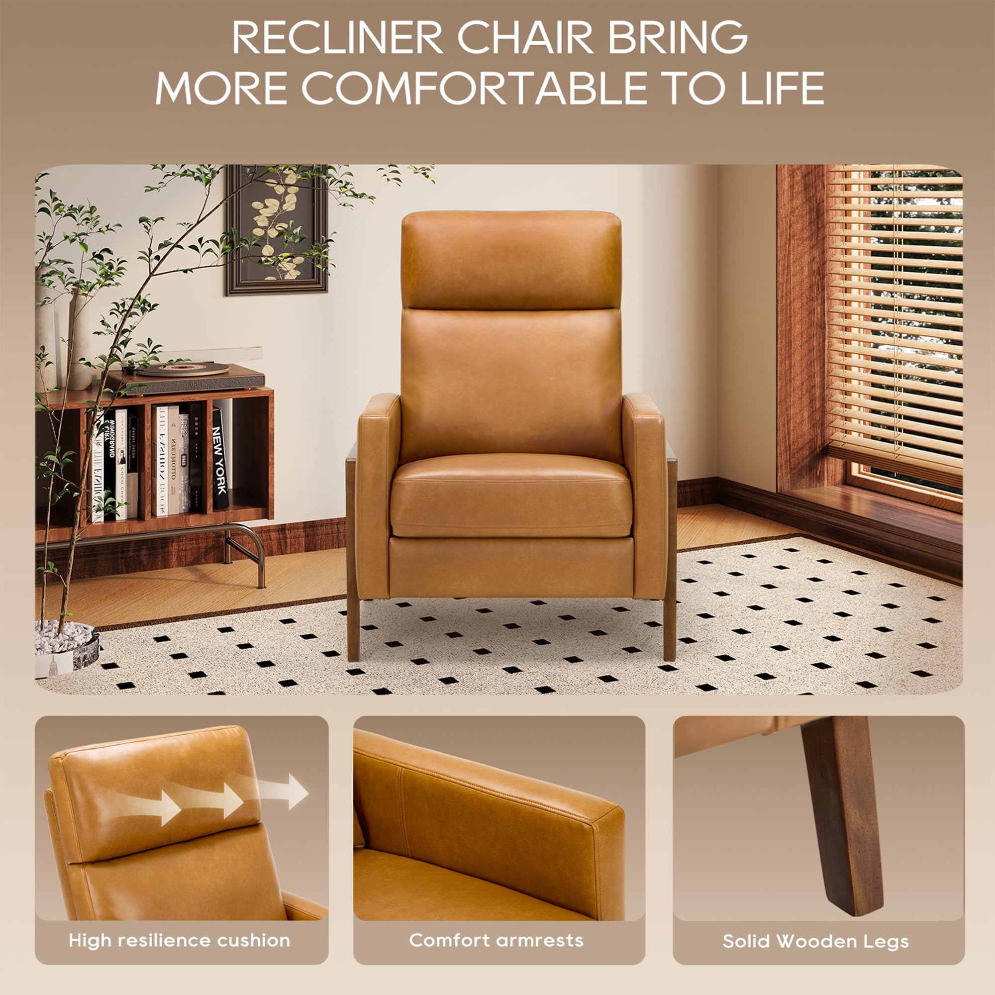 COLAMY Push Back Recliner Chair,Mid Century Modern Wingback Chair, Comfy Armchair PU Leather Living Room Chairs with Wood Legs Reclining Chair Adjustable,Camel