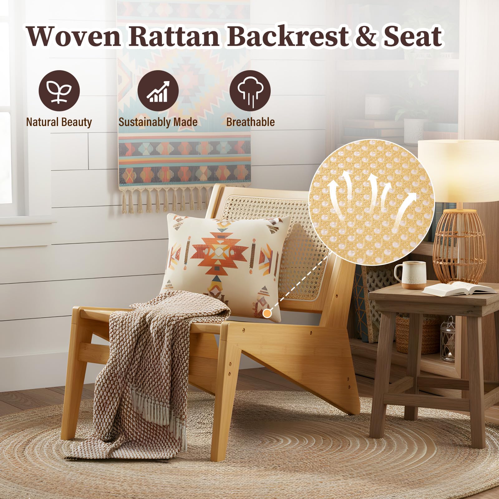 Rattan Accent Chair Set of 2 - Mid Century Modern Reading Chair