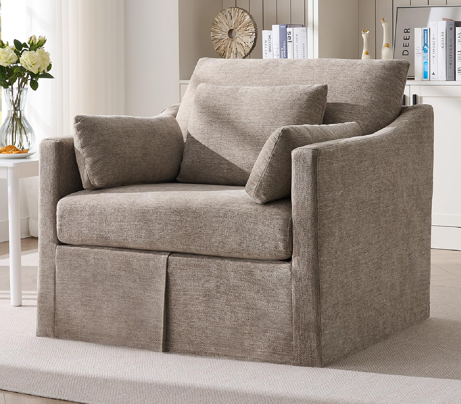 ONBRILL Accent Chair for Living Room, Slipcovered Chair with 3 Throw Pillows, Comfy Reading Chair, Deep Seat Armchair w/Sloped Arms, Modern Single Couch Sofa for Apartment, Wheat