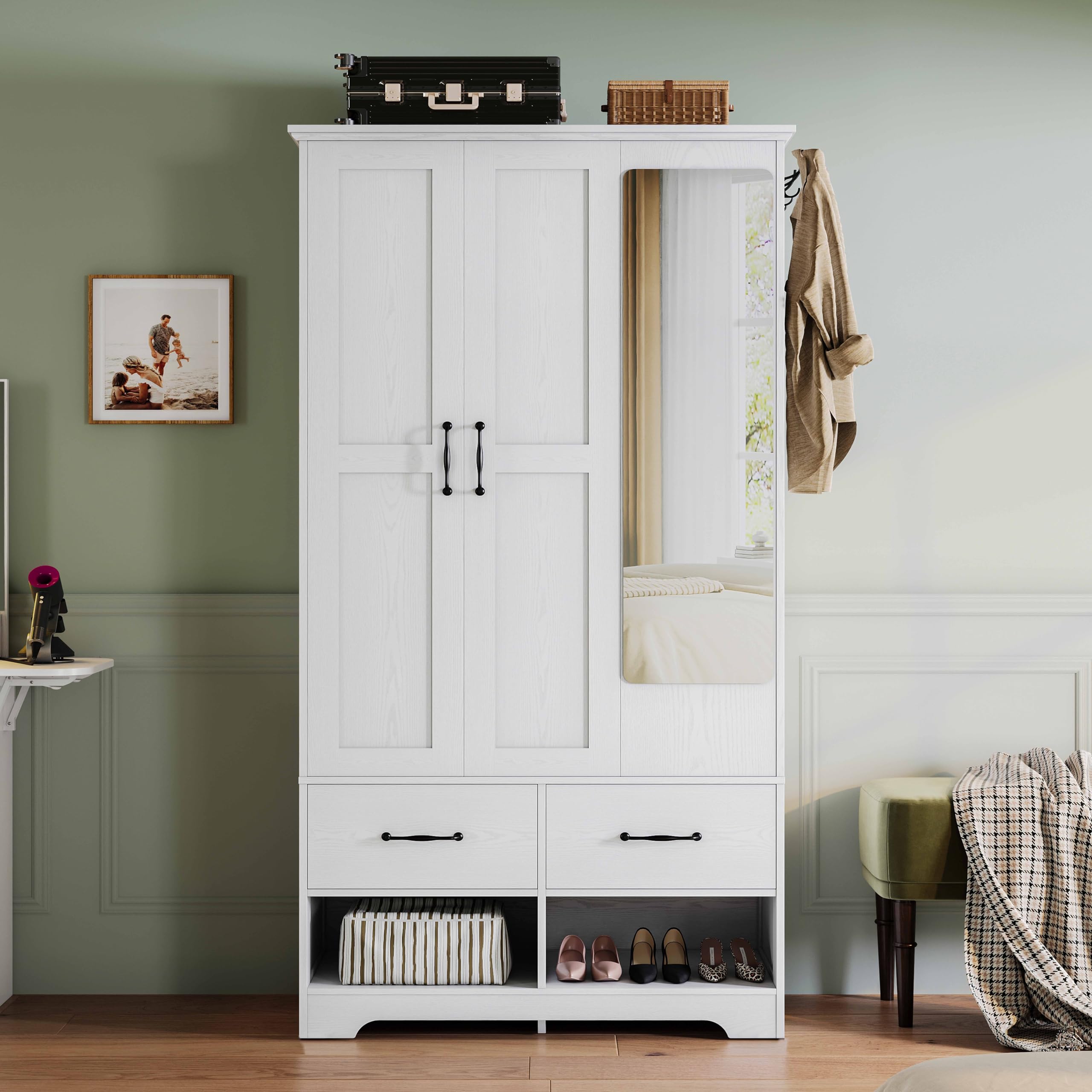 3-Door Armoire Wardrobe Closet with Mirror and Shoe Racks