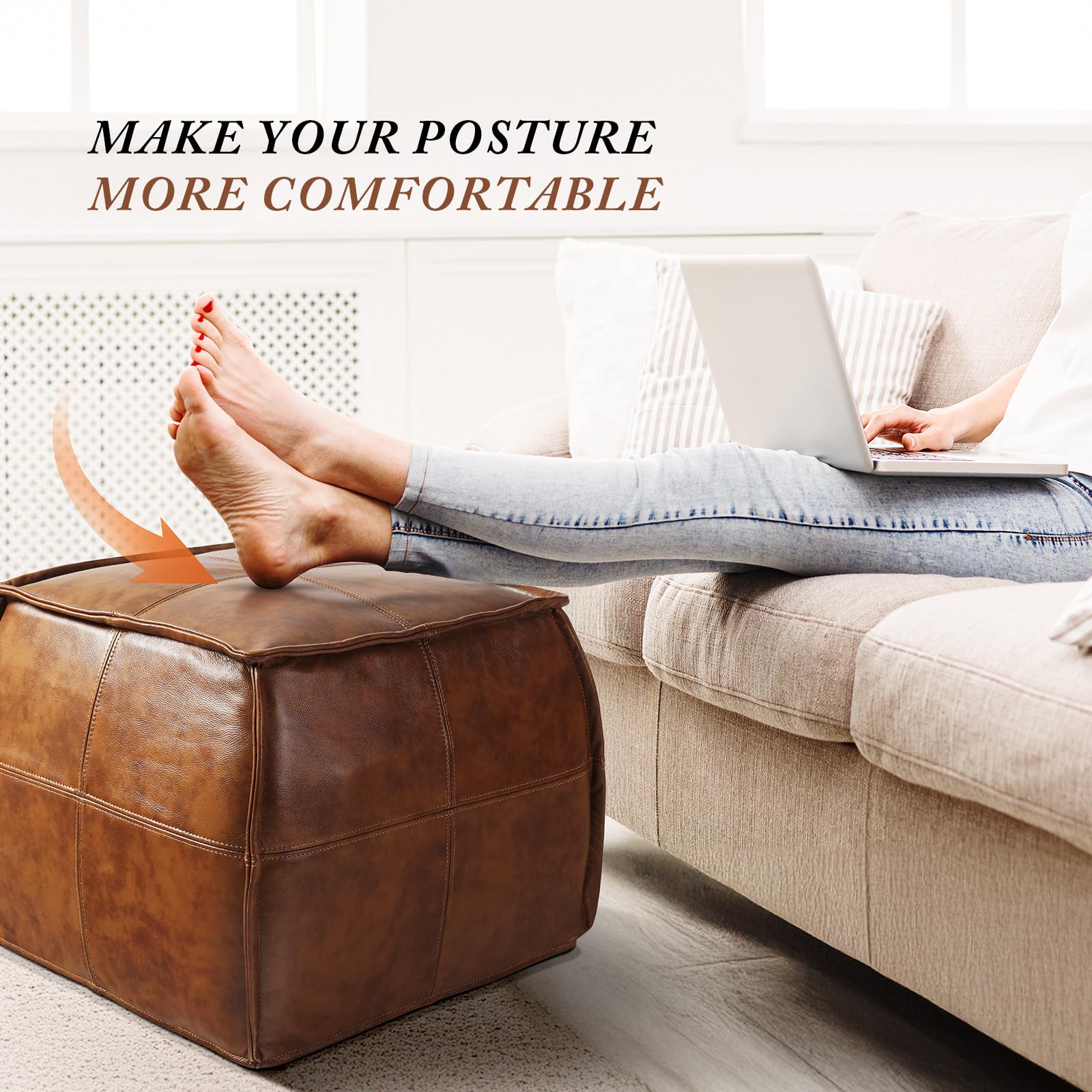 Genuine Leather Square Ottoman Pouf