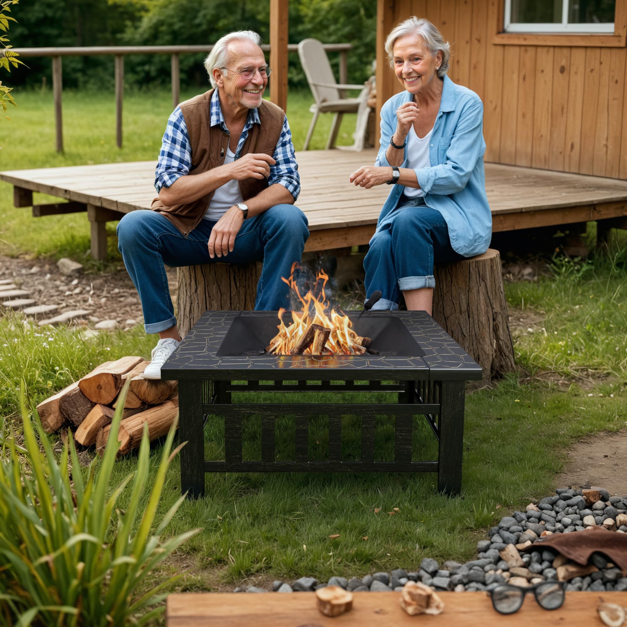32 Inch Square Outdoor Fire Pit with Waterproof Cover