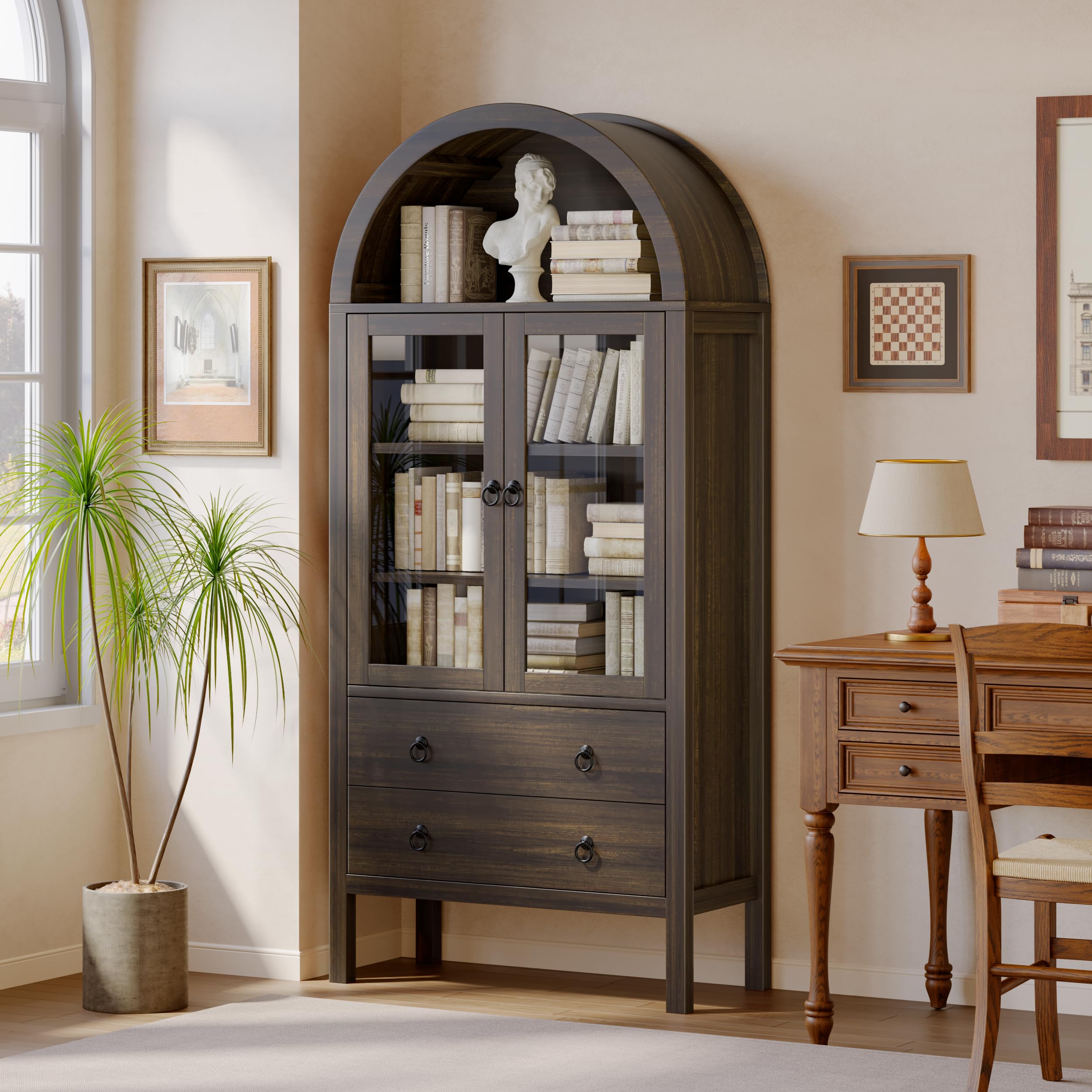 Arched Storage Cabinet with Glass Doors