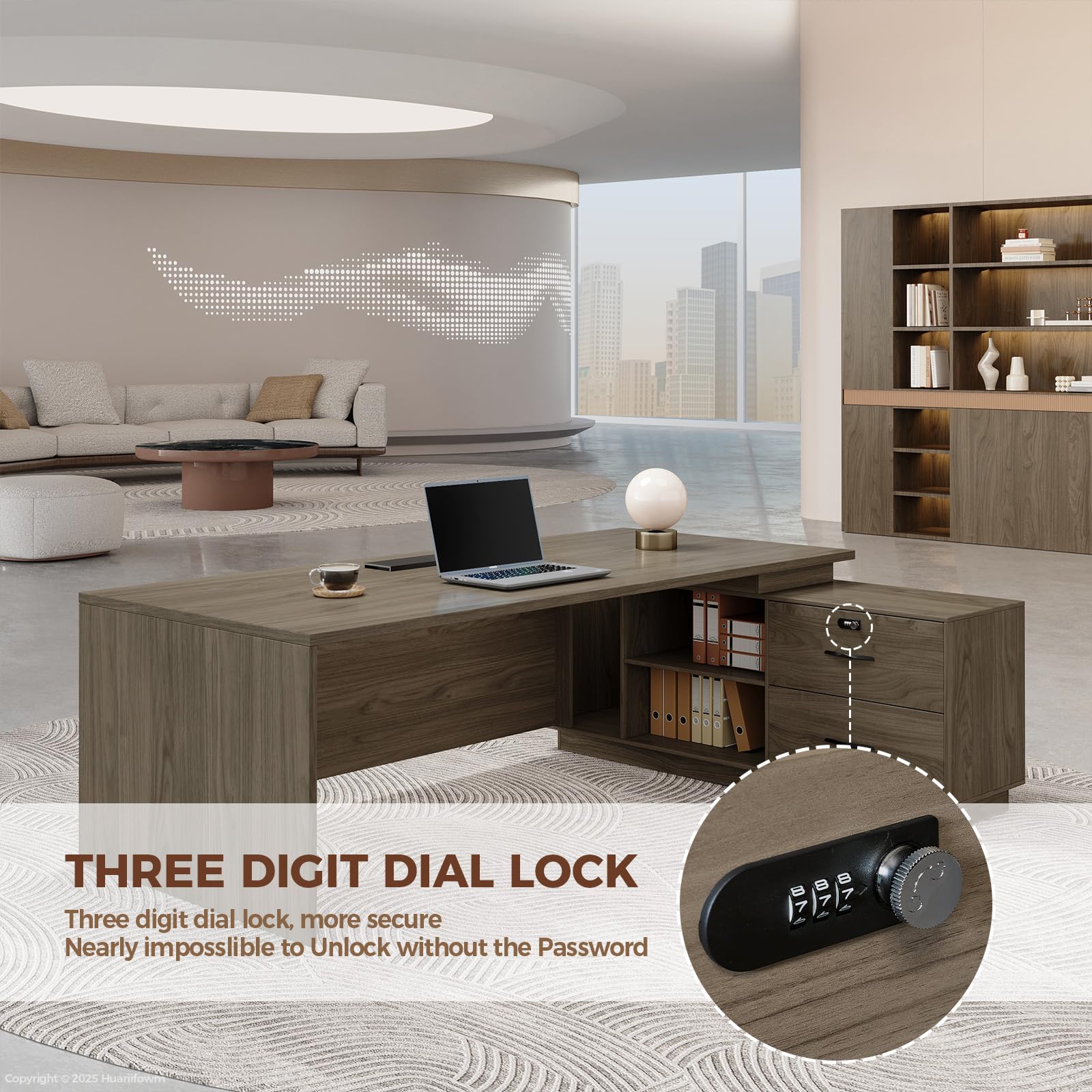 L-Shaped Executive Desk with Lockable Drawers - 63 Inch