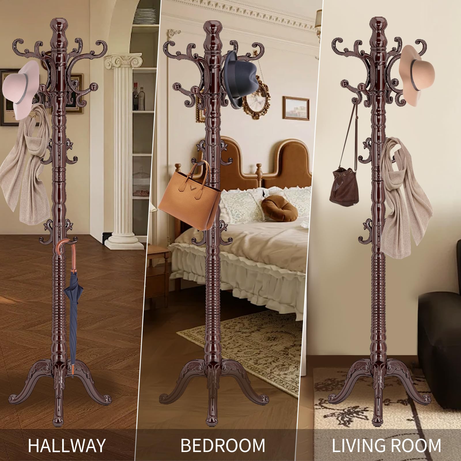 Wood Coat Rack Stand with 14 Hooks