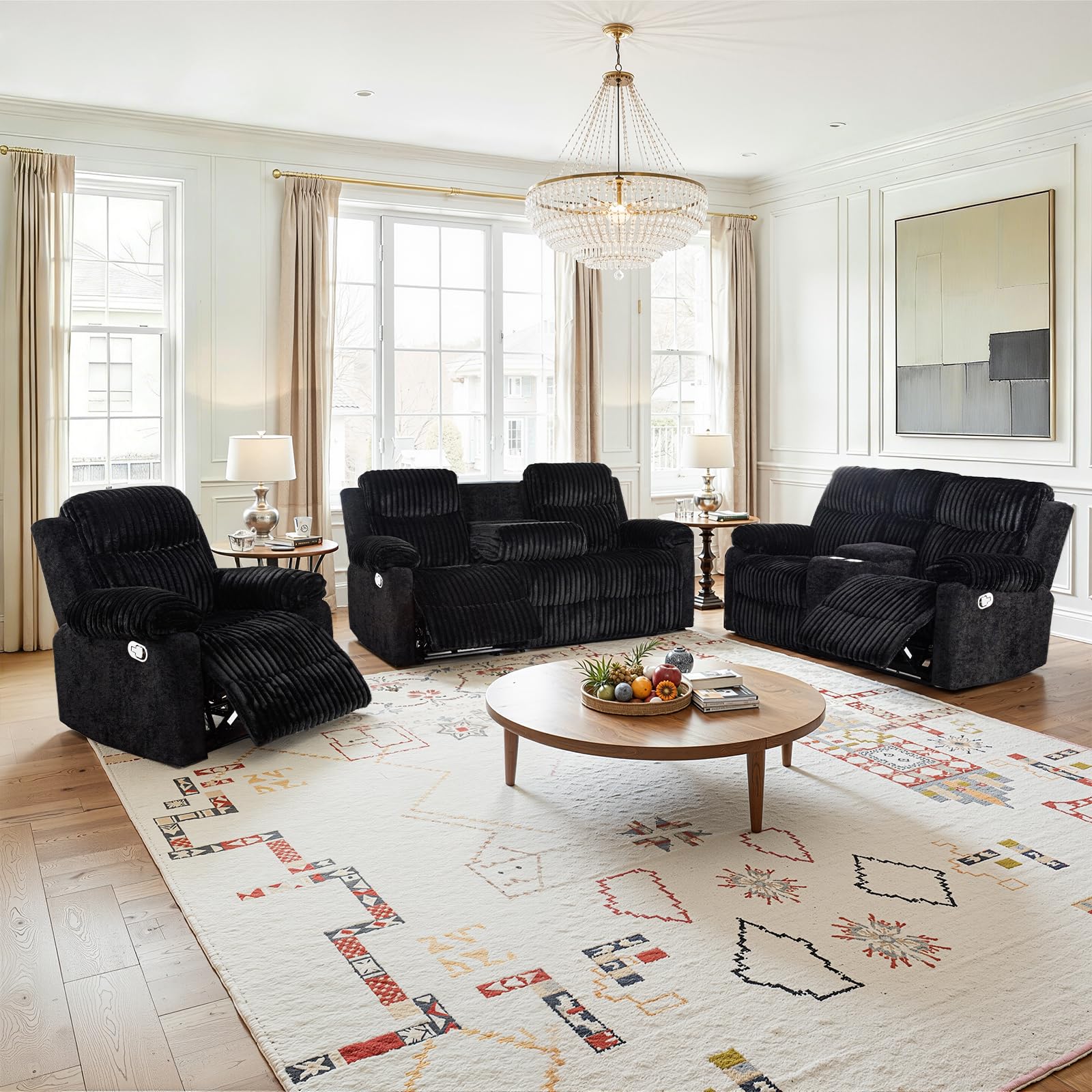 Reclining Sofa Sets, 3 Seater Reclining Couch and Loveseat with Coffee Table, Storage Console, Cup Holders, Corduroy Manual Oversized Recliner Chair with Soft Cushion for Living Room (Black,3PCS)