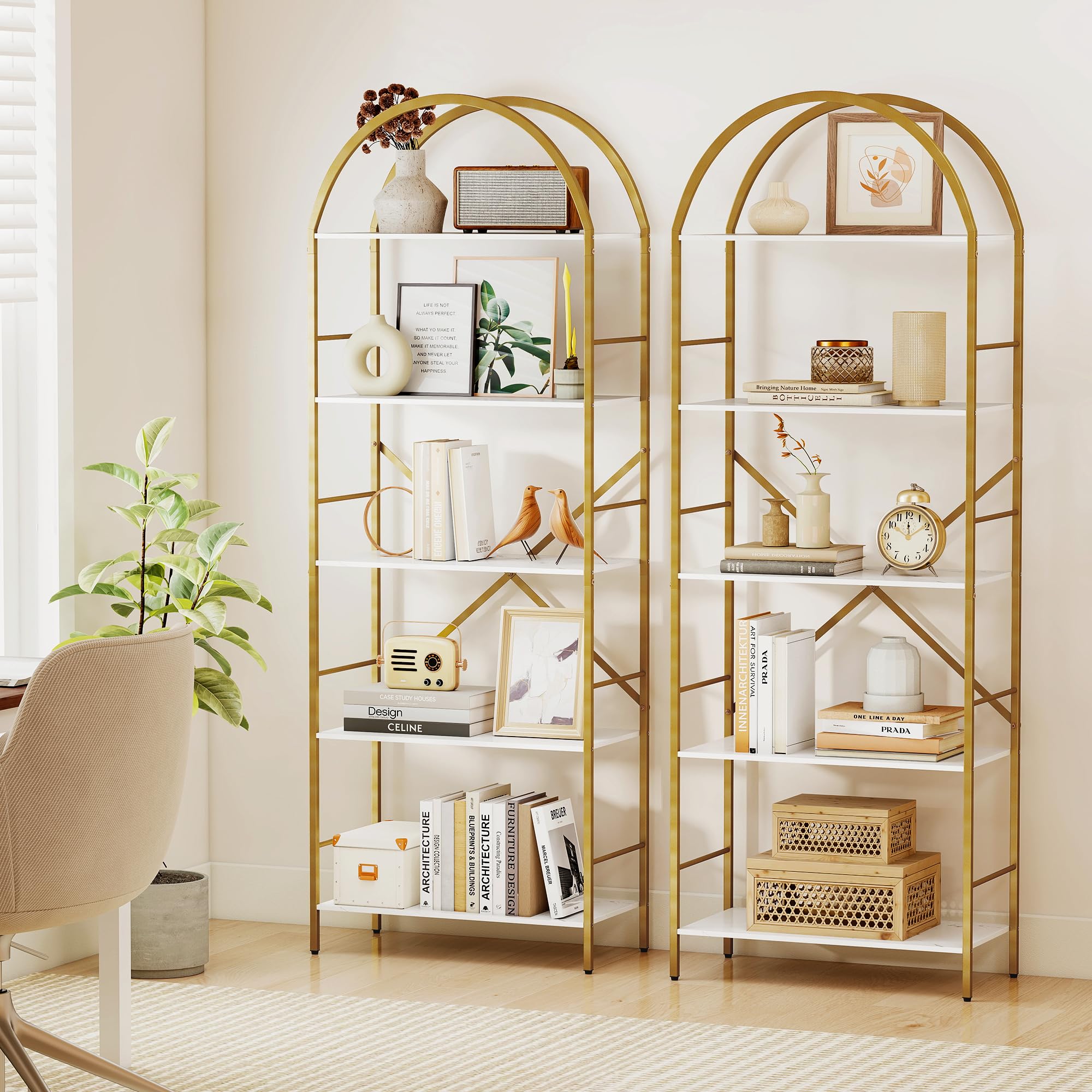 5 Tier Arched Bookshelf Gold and White