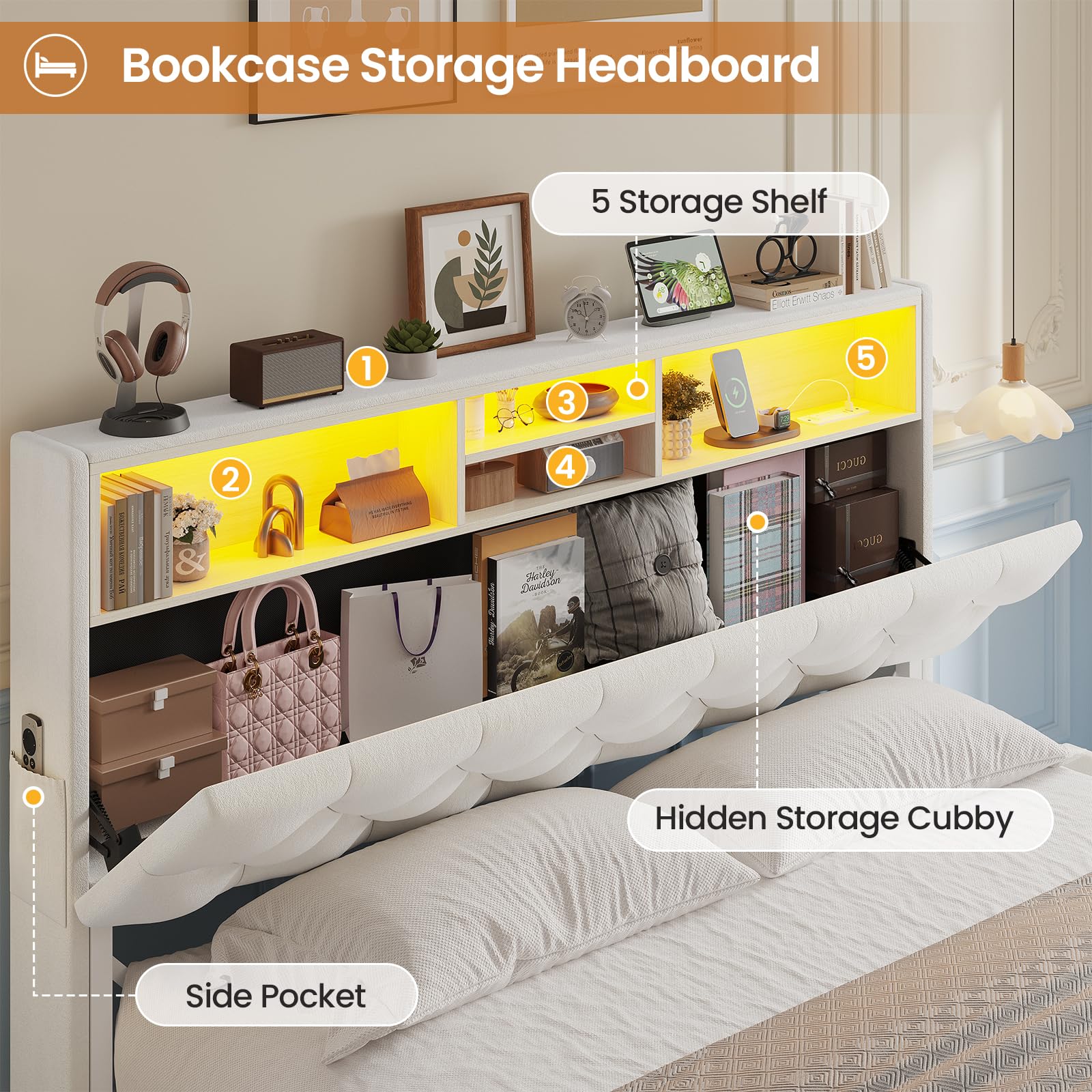 Full Size Bed Frame with LED & Storage