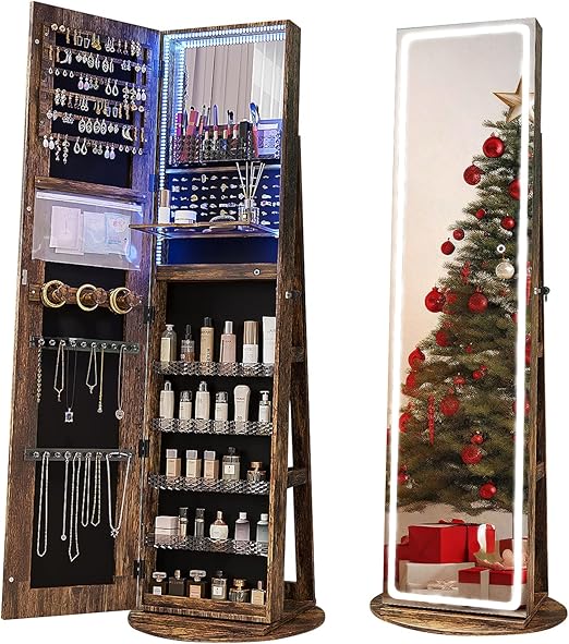 Swivel LED Mirror Jewelry Cabinet Armoire Full Length with Storage