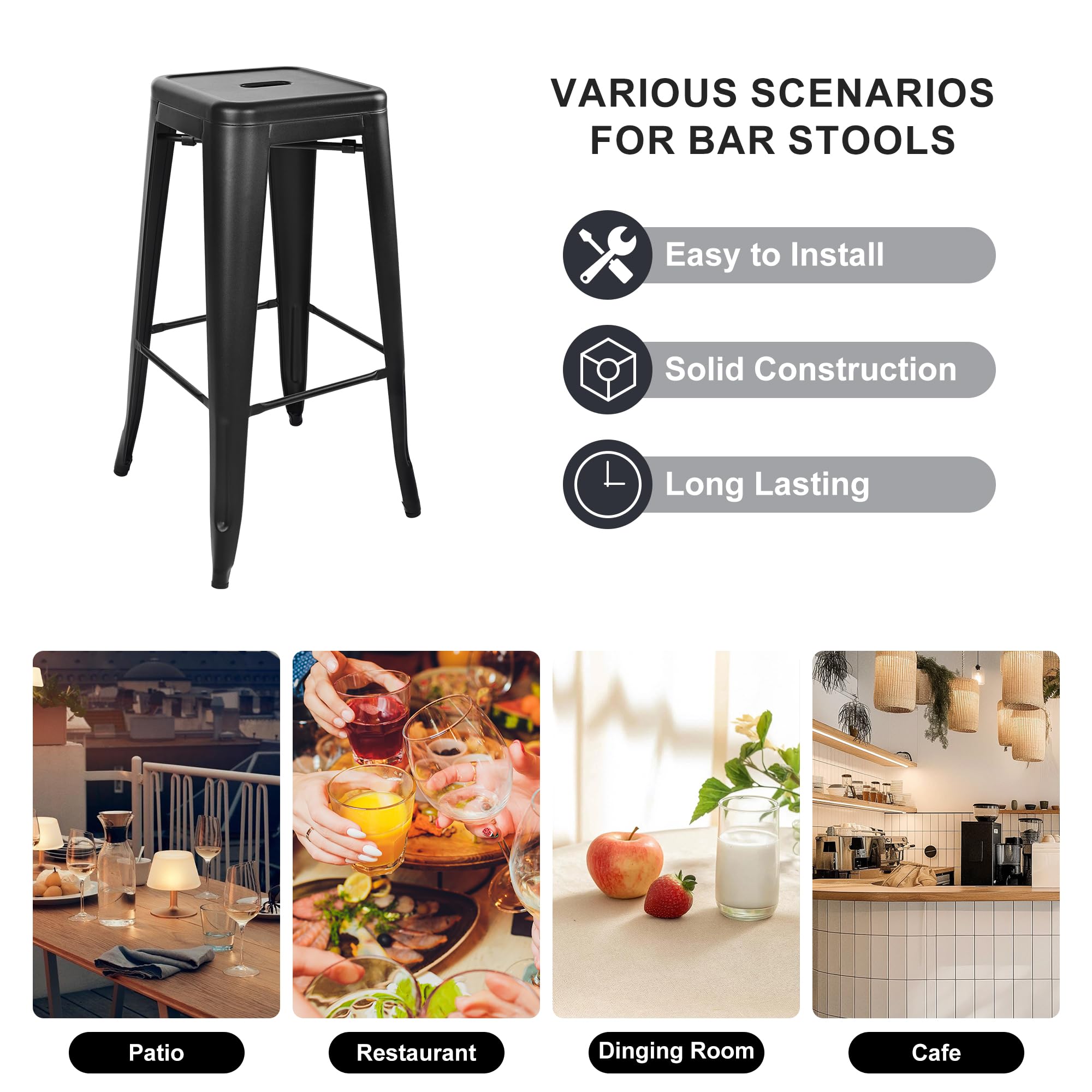 Metal Bar Stools Set of 4 - 30 Inch Backless Stackable