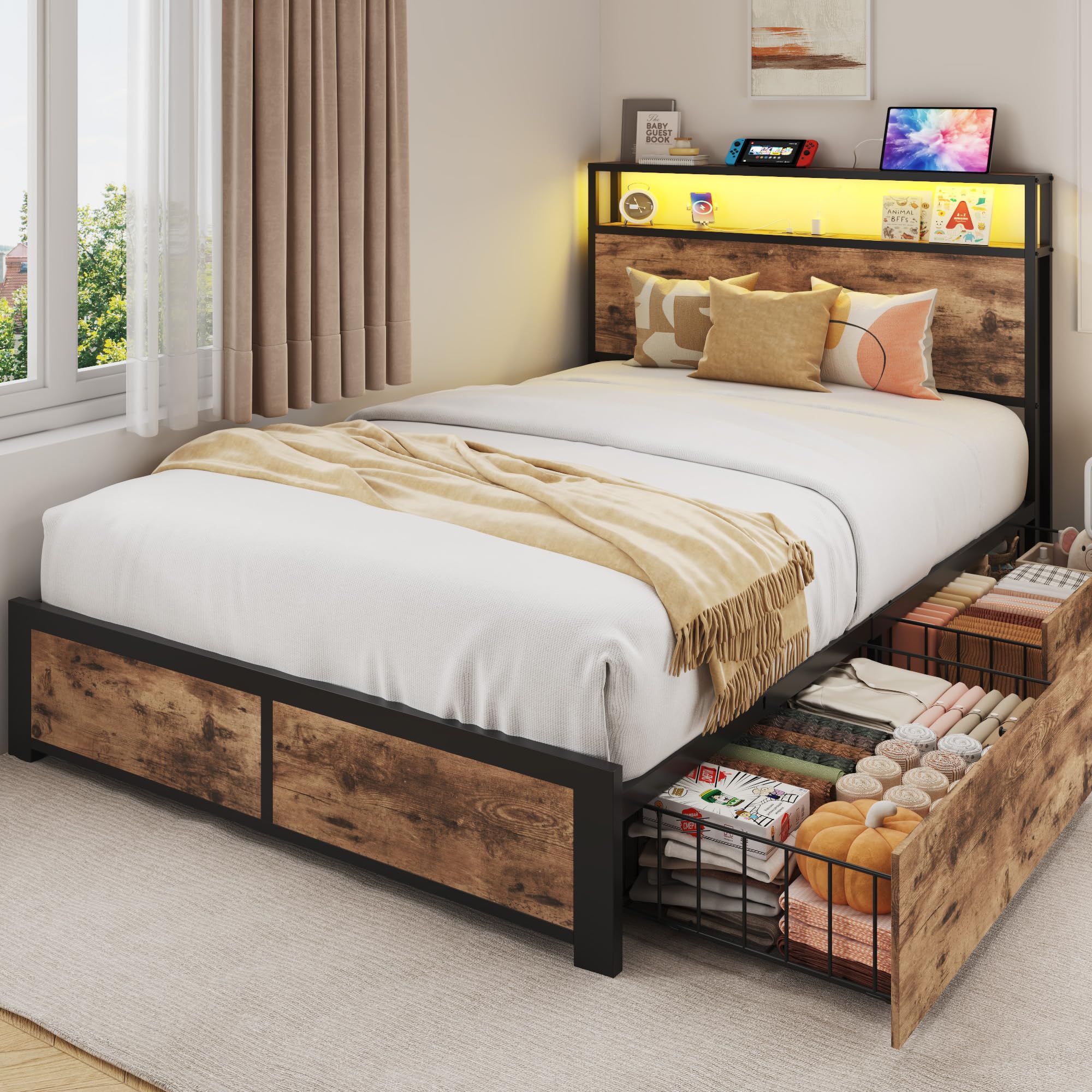 Twin Bed Frame with Storage Headboard and Charging Station
